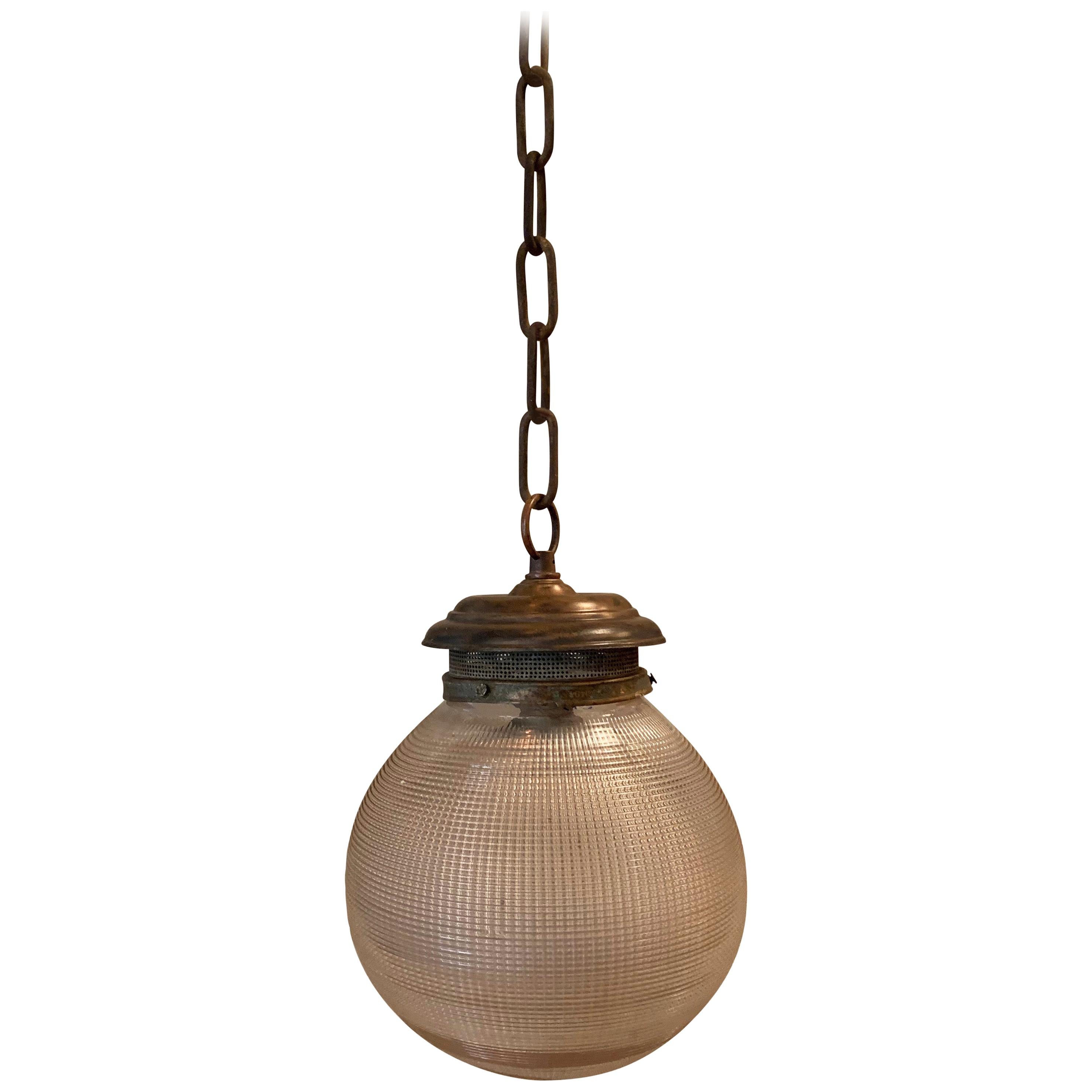 Prismatic Holophane Glass And Brass 8in Globe Pendant Light For Sale