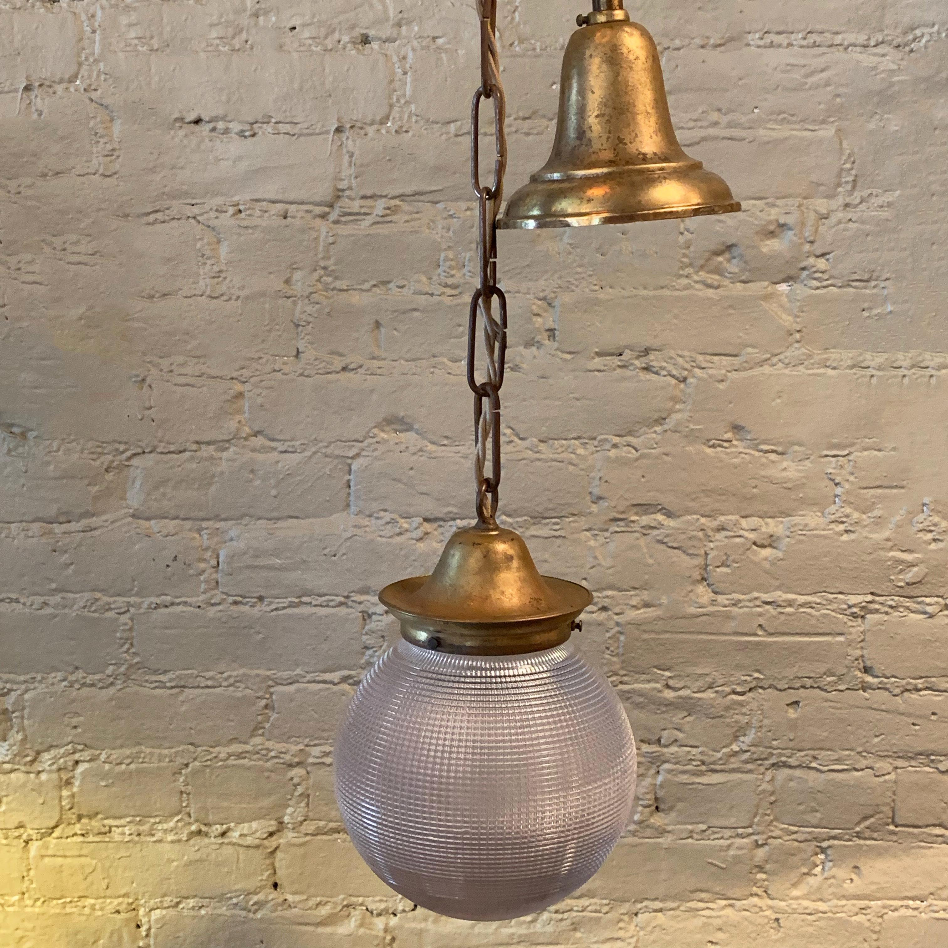 Industrial Prismatic Holophane Glass And Brass 6in Globe Pendant Light For Sale