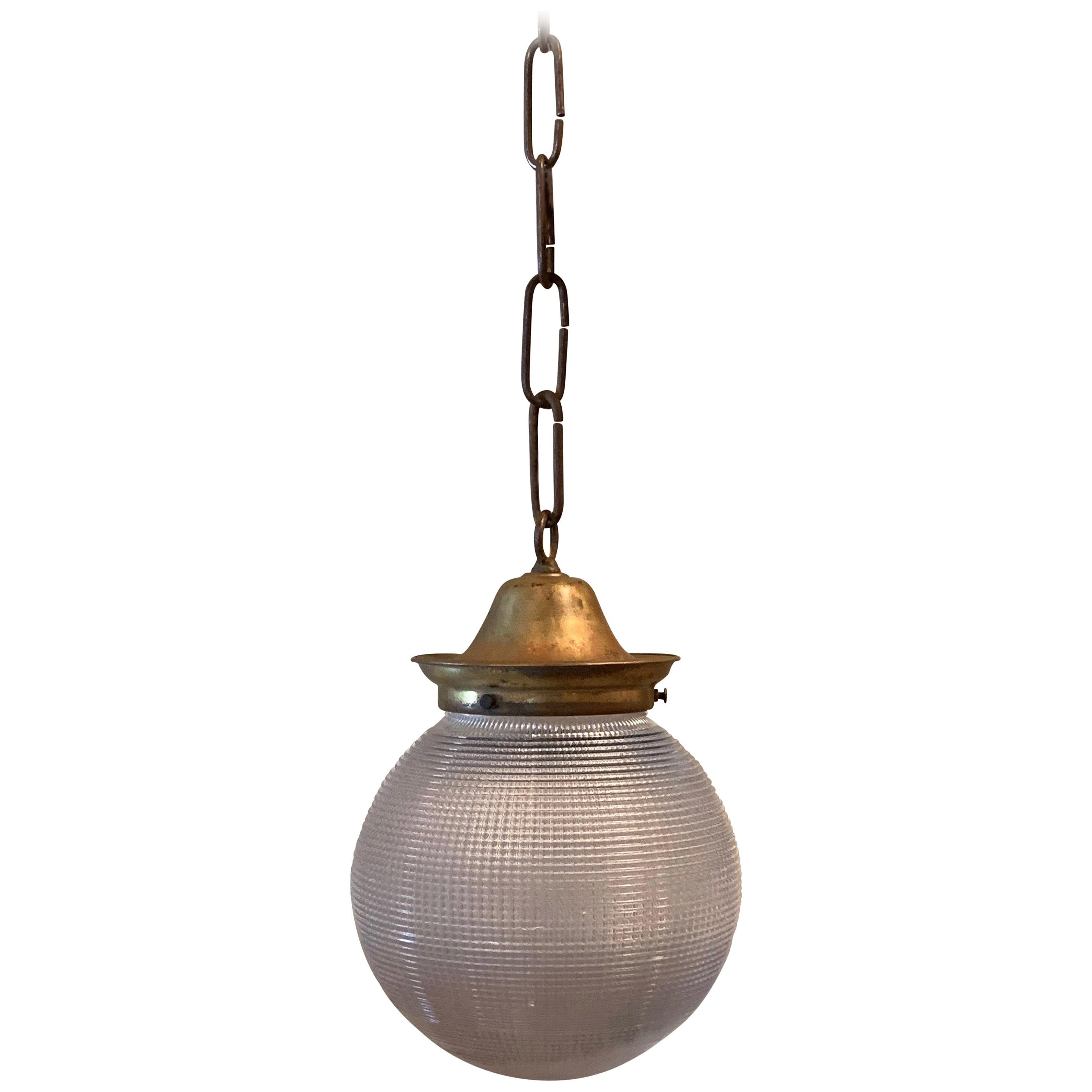 Prismatic Holophane Glass And Brass 6in Globe Pendant Light