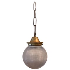 Antique Prismatic Holophane Glass And Brass 6in Globe Pendant Light