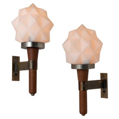 Prismatic Opaline Glass and Teak Wall Sconce, Italy, 1960