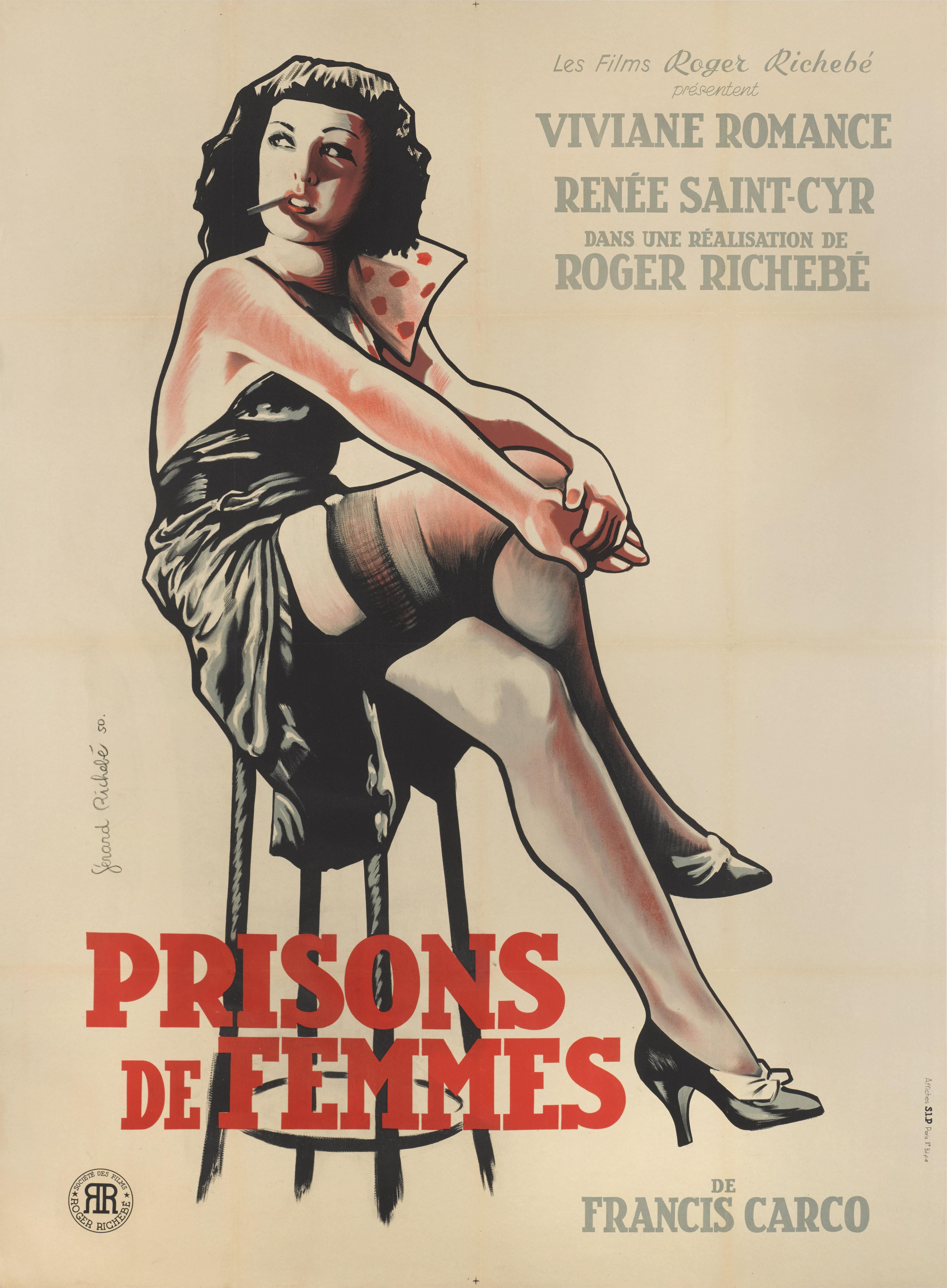 Original French film poster for the 1938 drama  Prison de Femmes / Marked Girls. The film was directed by Roger Richebe and starred Vivian Romance and Renee Saint-Cyr
The artwork on this poster is by Gerard Richebe (dates unknown) he designed this