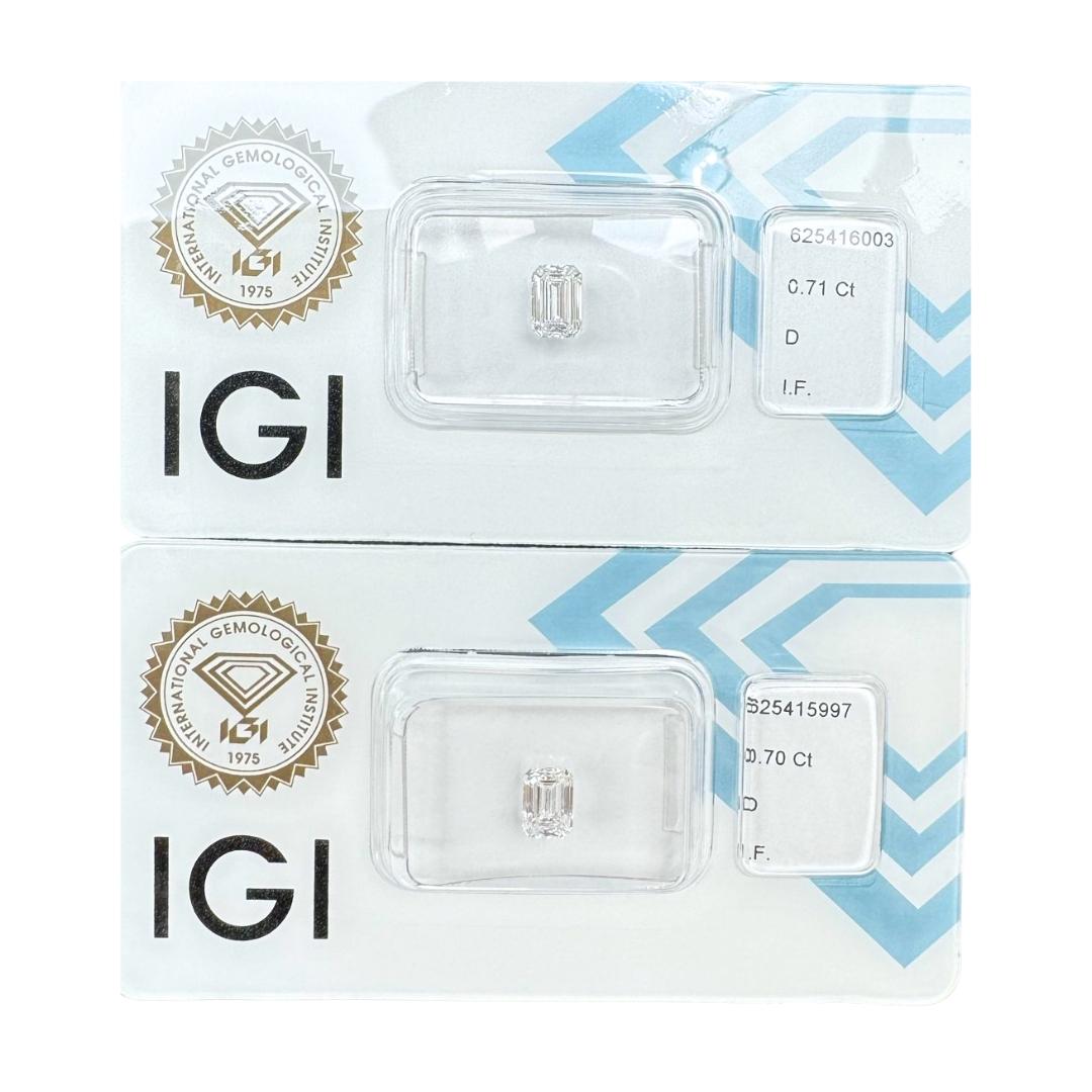 Pristine 1.41ct Ideal Cut Pair of Diamonds - IGI Certified 

Discover a breathtaking set of two emerald-cut diamonds, totaling 1.41 carats. With a perfect color grade, these diamonds are completely colorless, offering unmatched purity. Certified by