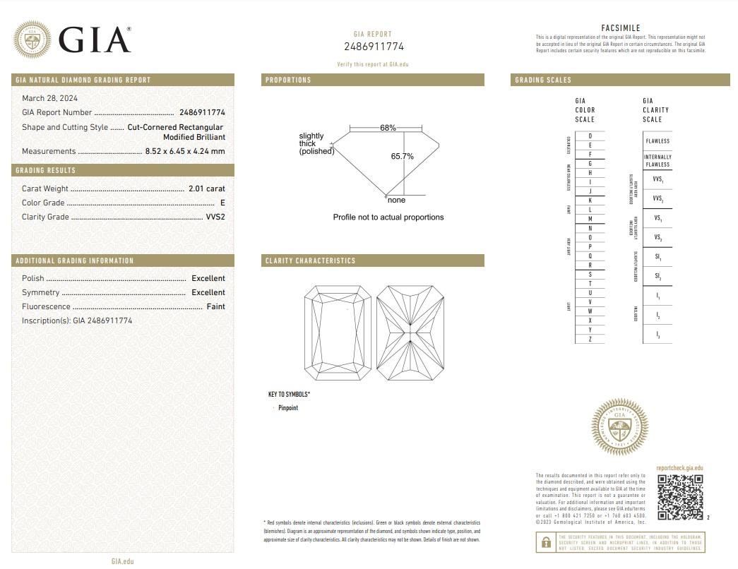 Diamant naturel de 2,01 carats de taille idéale, certifié GIA

Rehaussez votre collection avec ce diamant de 2,01 carats, magistralement façonné dans une forme rectangulaire à coins taillés qui combine l'attrait géométrique d'une taille émeraude