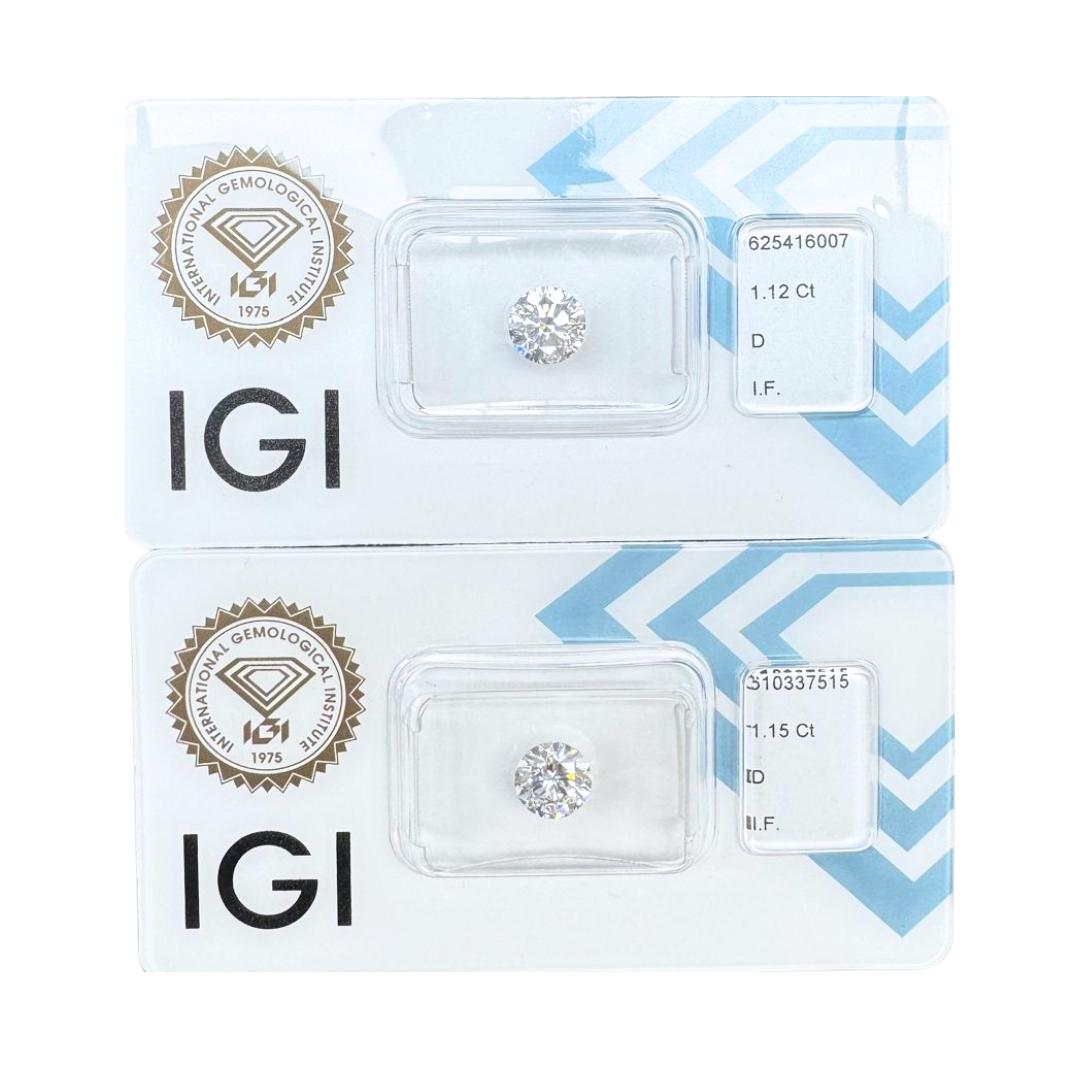 Pristine 2.27ct Ideal Cut Pair of Diamonds - IGI Certified

Discover the epitome of clarity and color with this pair of round-cut diamonds, each expertly graded with an excellent cut to maximize their fiery brilliance. Together, these diamonds weigh