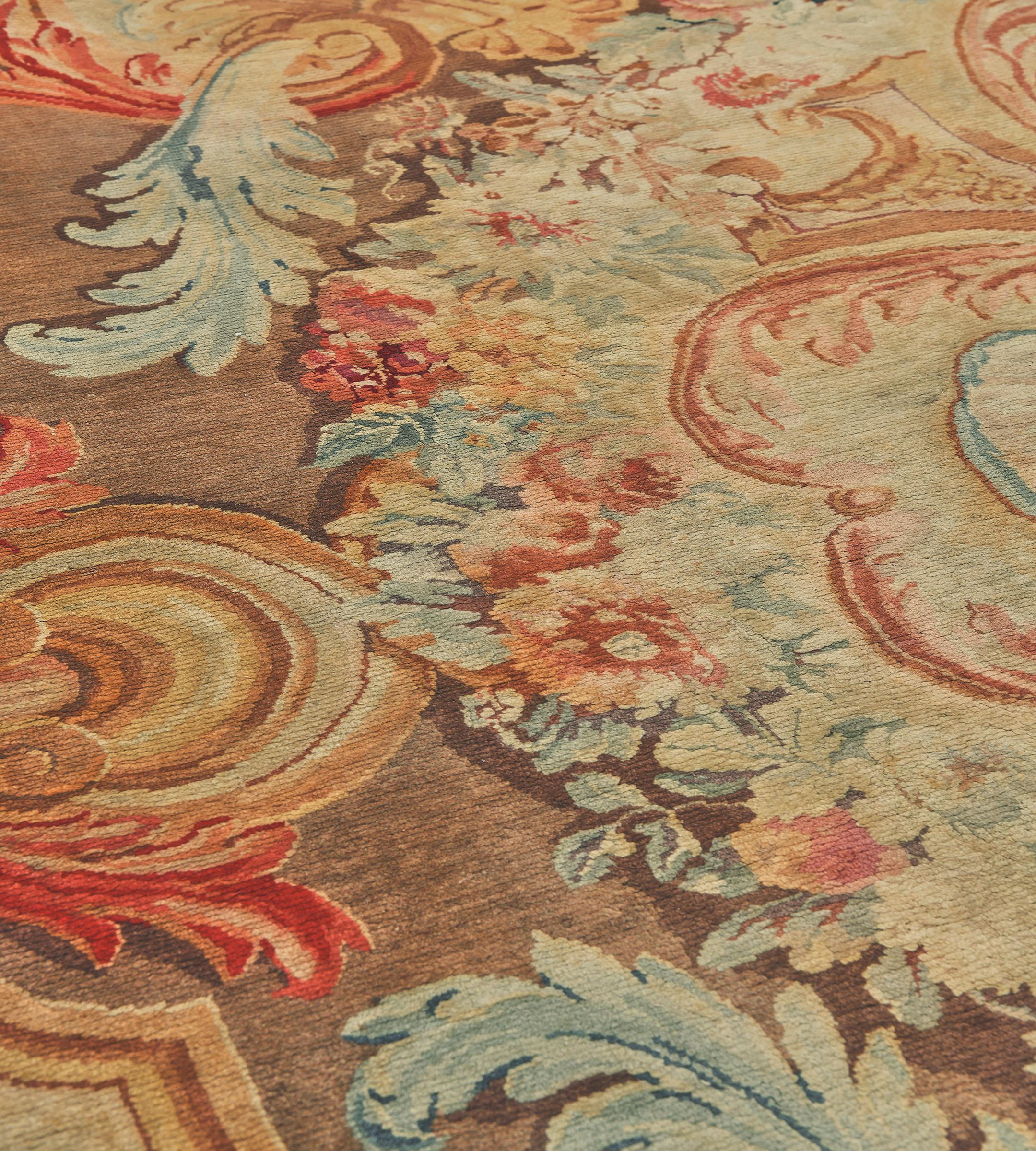 Hand-Knotted Pristine Antique Circa-1860 Handwoven Wool Floral French Savonnerie Rug For Sale
