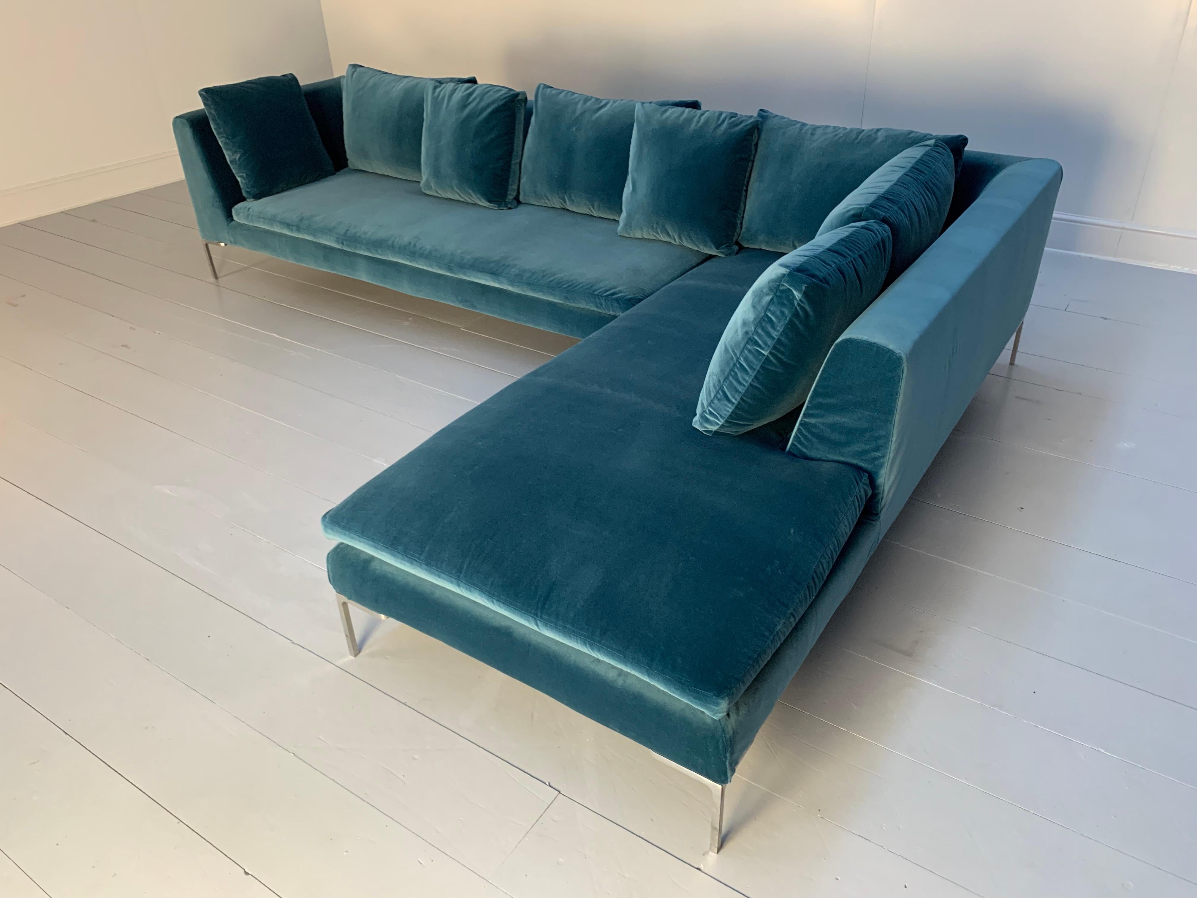 Pristine B&B Italia “Charles” L-Shape Sofa in Aquamarine Velvet 1