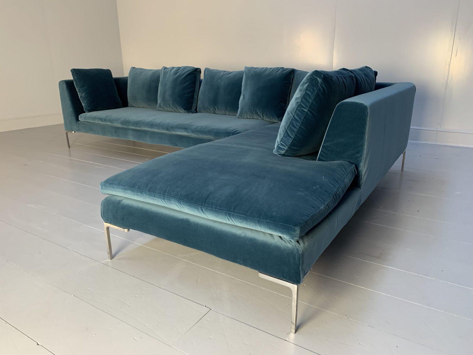 Contemporary Pristine B&B Italia “Charles” L-Shape Sofa in Aquamarine Velvet