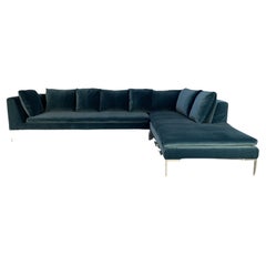 Pristine B&B Italia “Charles” L-Shape Sofa in Aquamarine Velvet