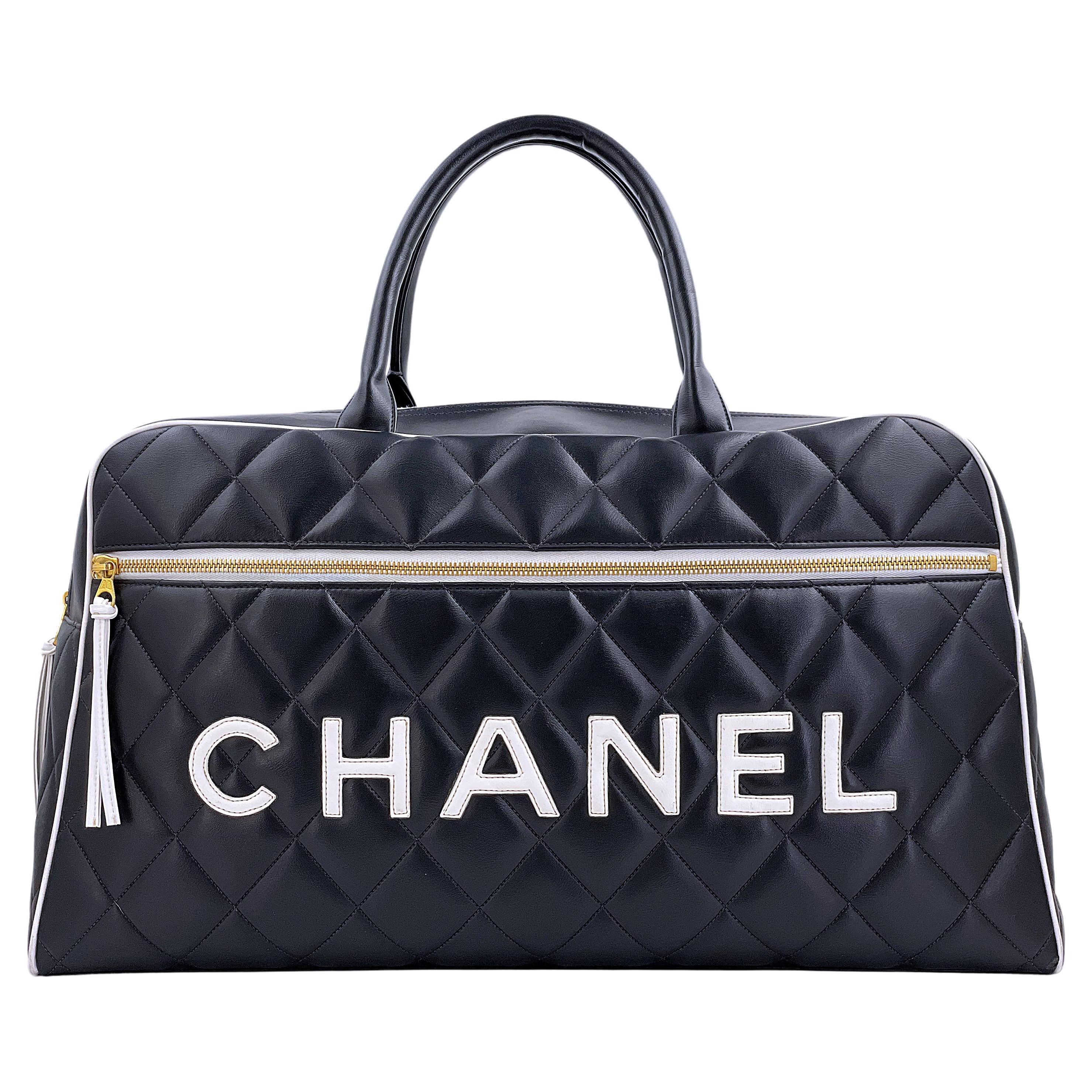 Pristine Chanel 1995 Vintage Black Letter Large Bowler Duffle Bag 67789 For Sale