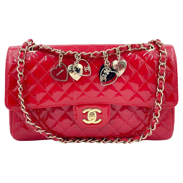 Pristine Chanel Red Patent Valentines Heart Charm Medium Classic Flap Bag  67179 For Sale at 1stDibs
