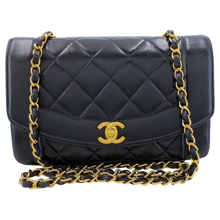 Vintage 90s Chanel Classic Diana Black Quilted Small Flap Bag with Box