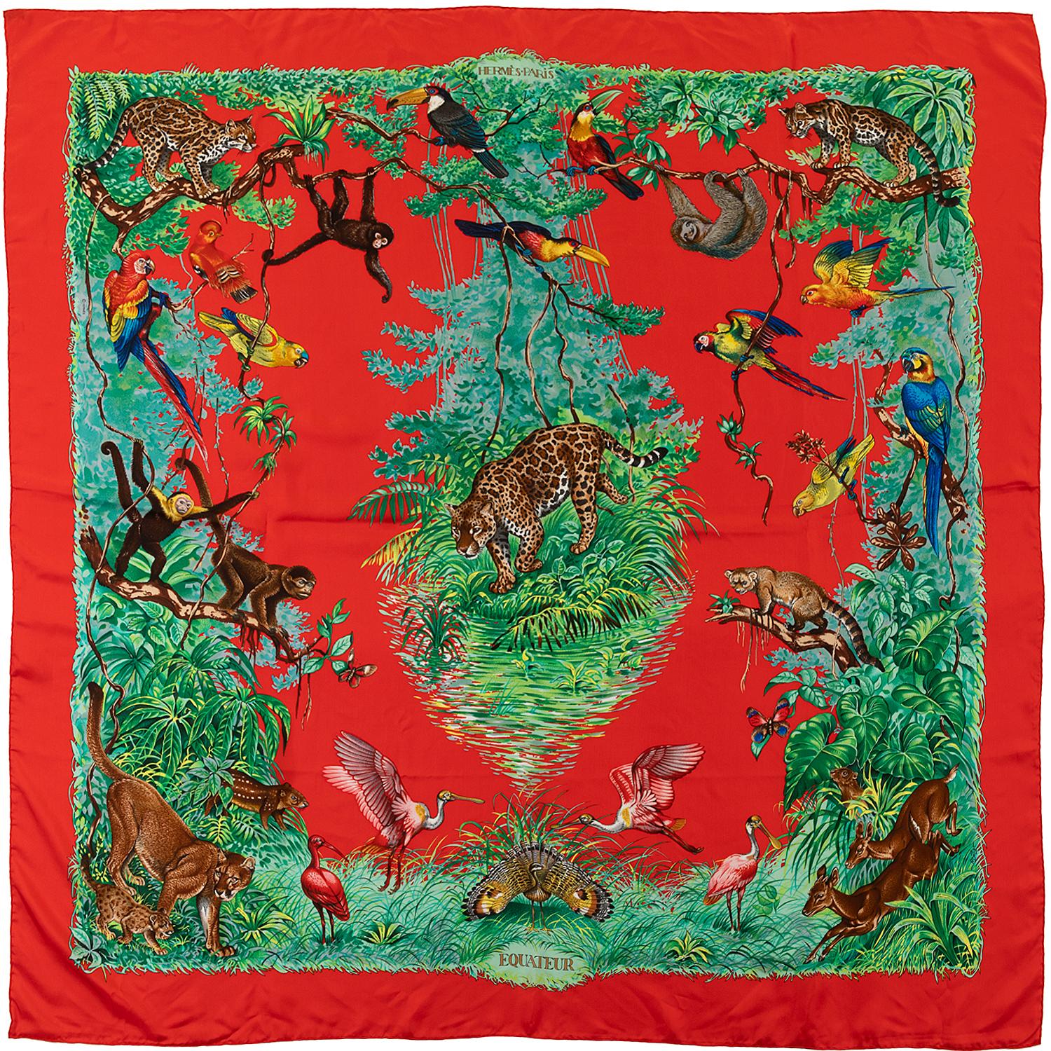 Red Pristine Hermes 140cm Silk Shawl 'Equateur' by Robert Dallet