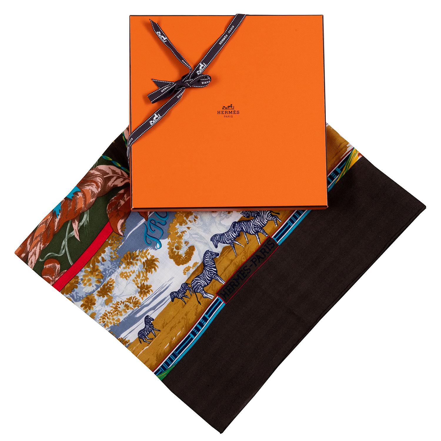 Orange Pristine Hermes Silk & Cashmere Shawl 'Tropiques' by Laurence Bourthoumieu For Sale
