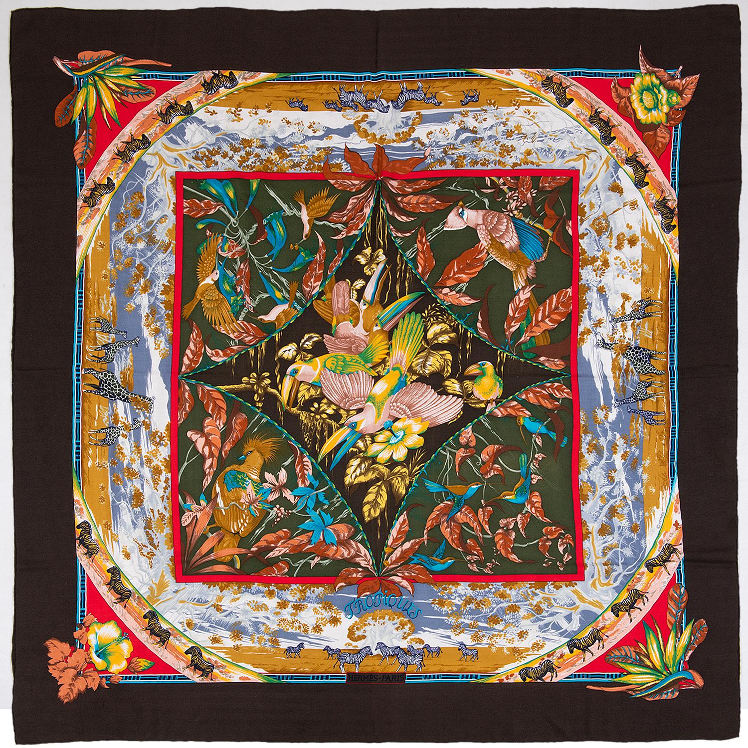 Pristine Hermes Silk & Cashmere Shawl 'Tropiques' by Laurence Bourthoumieu In Excellent Condition For Sale In London, GB