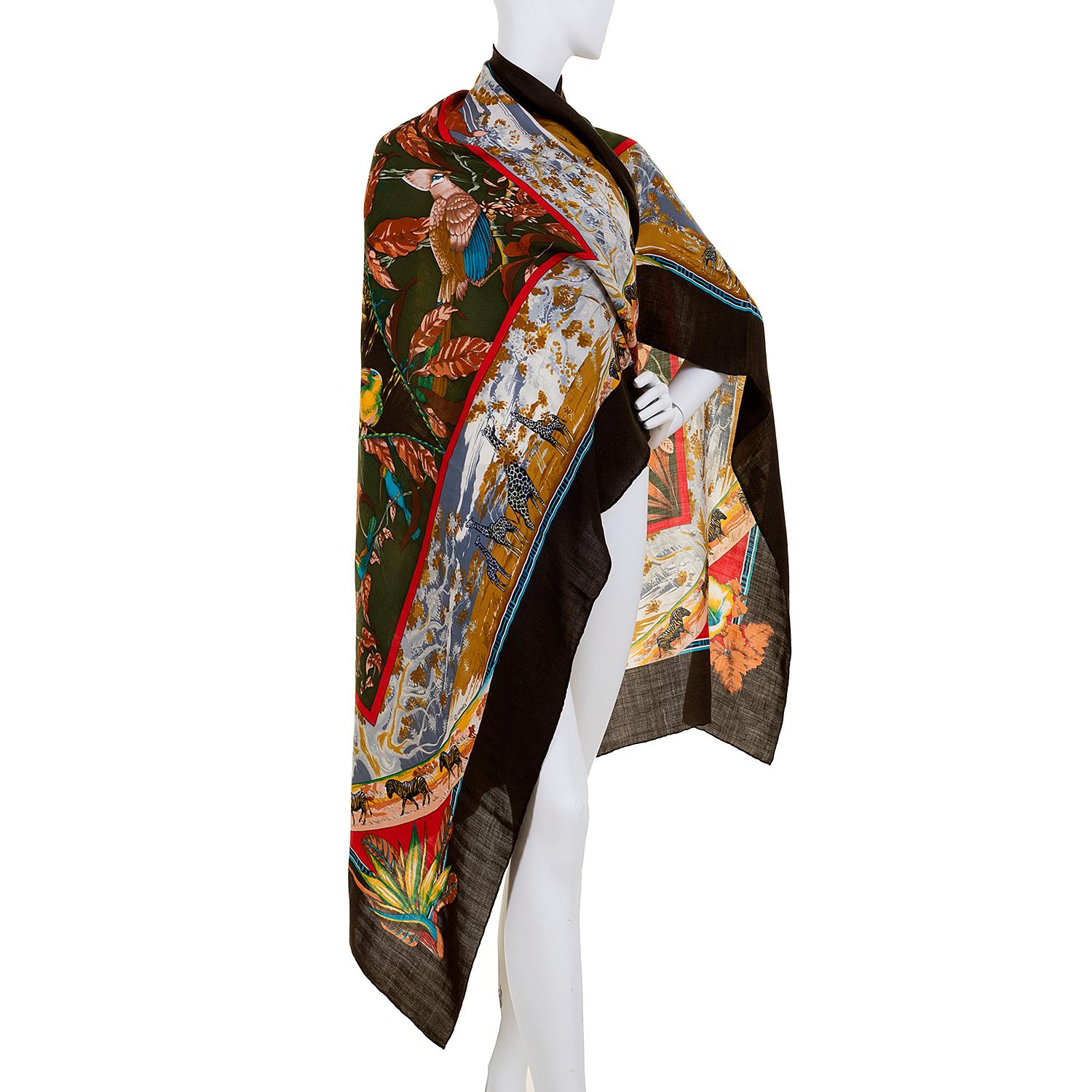 Women's Pristine Hermes Silk & Cashmere Shawl 'Tropiques' by Laurence Bourthoumieu For Sale