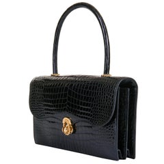 Pristine Hermes Vintage Black Crocodile 'Sac Cordeliere' with Gold Hardware
