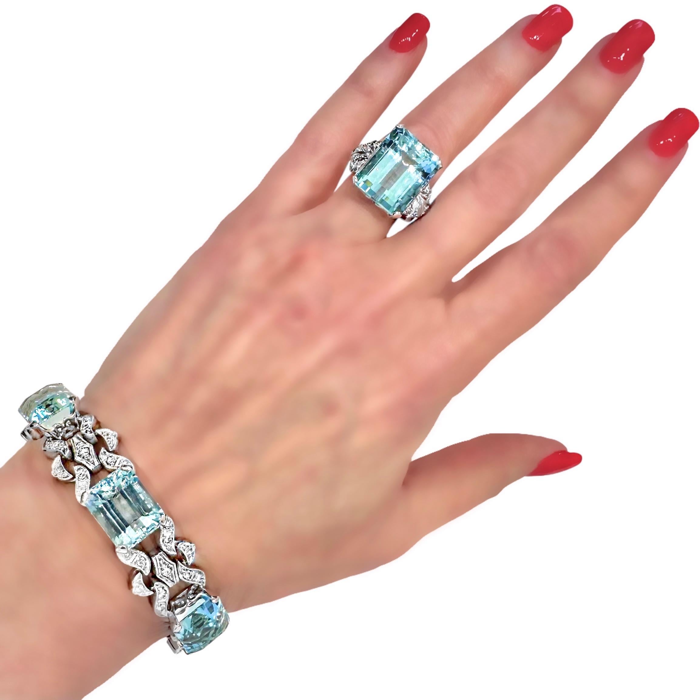 Bracelet d'origine d'époque Art déco en platine avec aigue-marine et diamants en vente 6