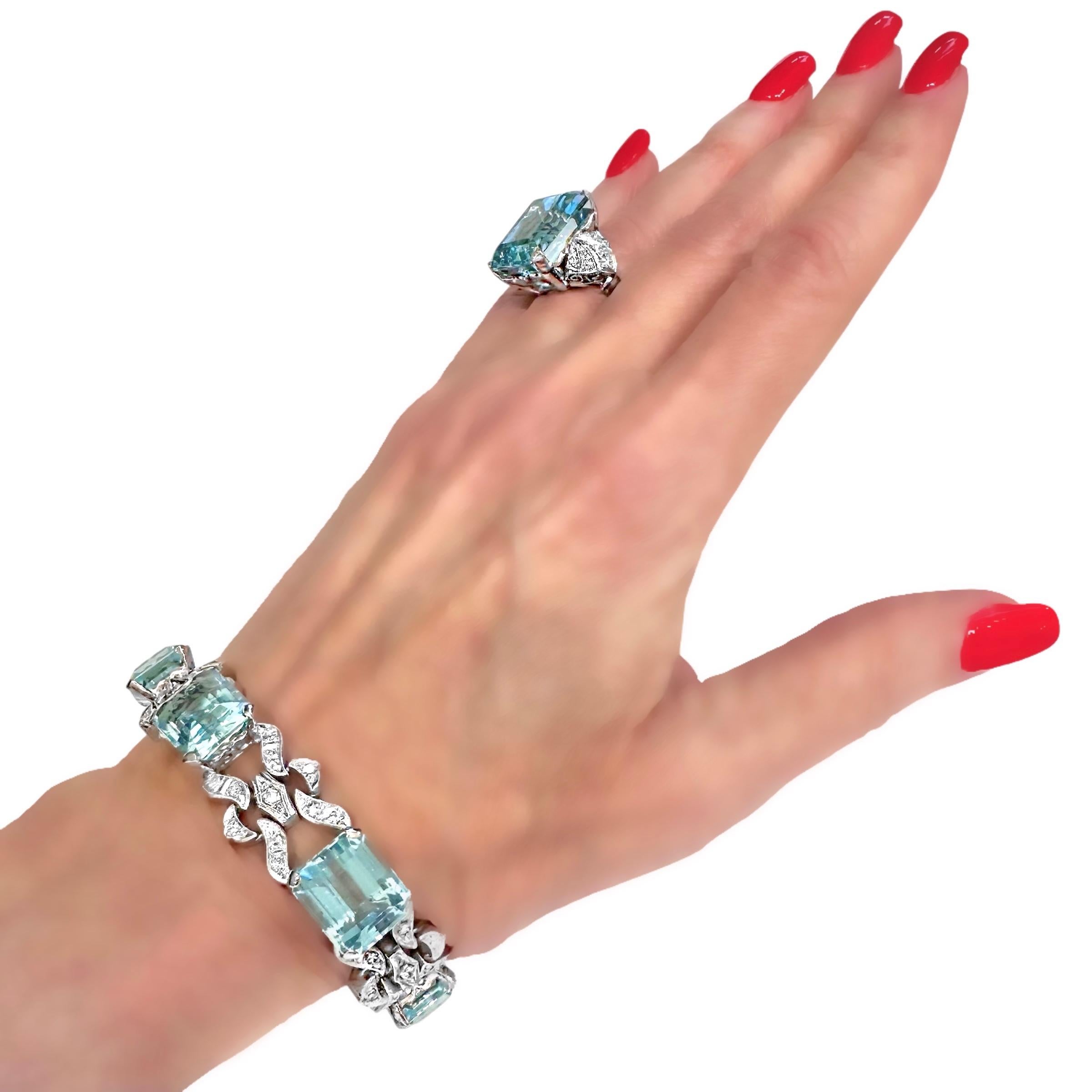 Bracelet d'origine d'époque Art déco en platine avec aigue-marine et diamants en vente 7