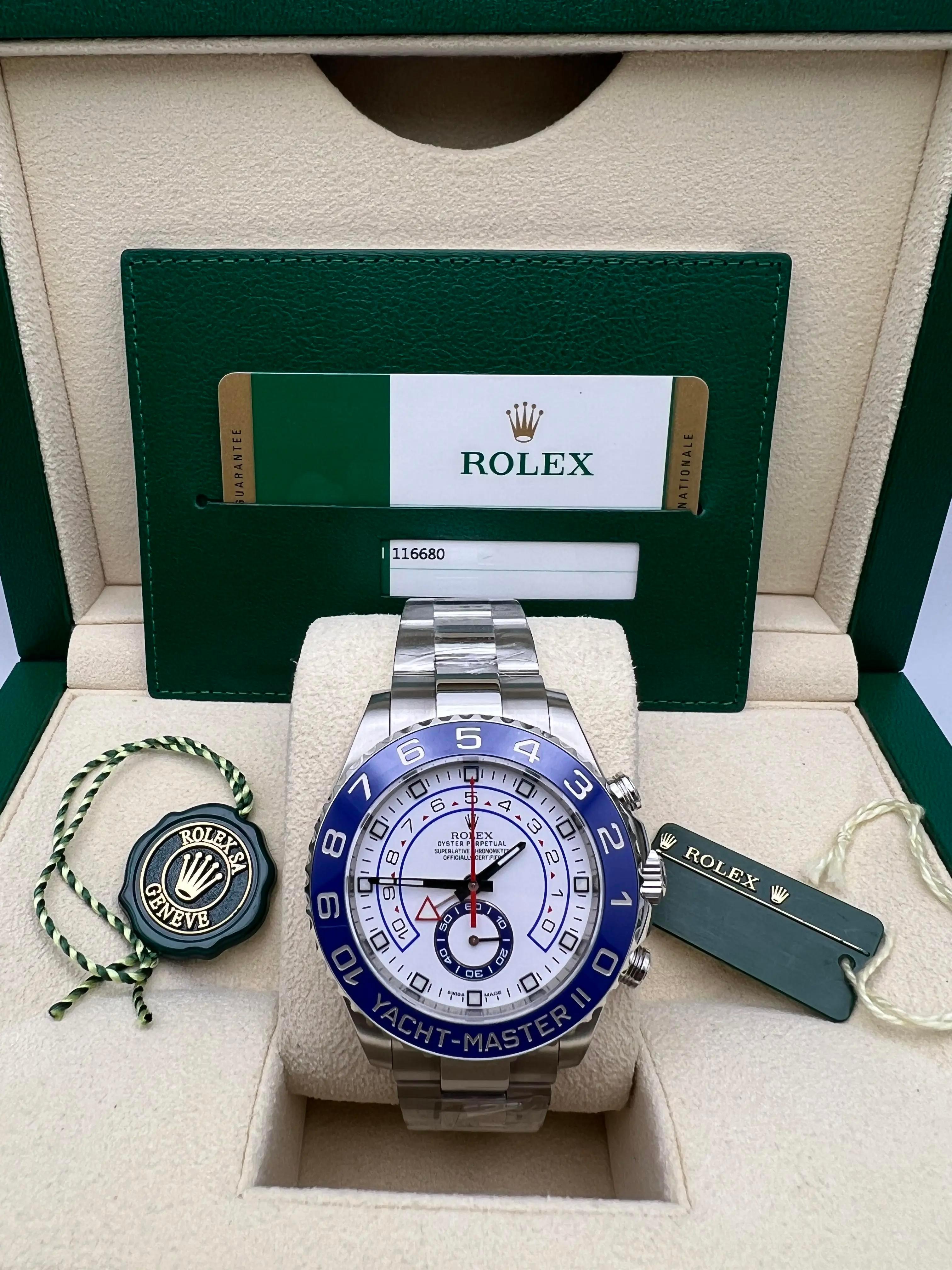 The Rolex Yacht-Master II (reference 116680) is a distinguished timepiece that exemplifies Rolex's commitment to blending classic design with advanced functionality. Crafted from corrosion-resistant Oystersteel, the 44mm case is complemented by a