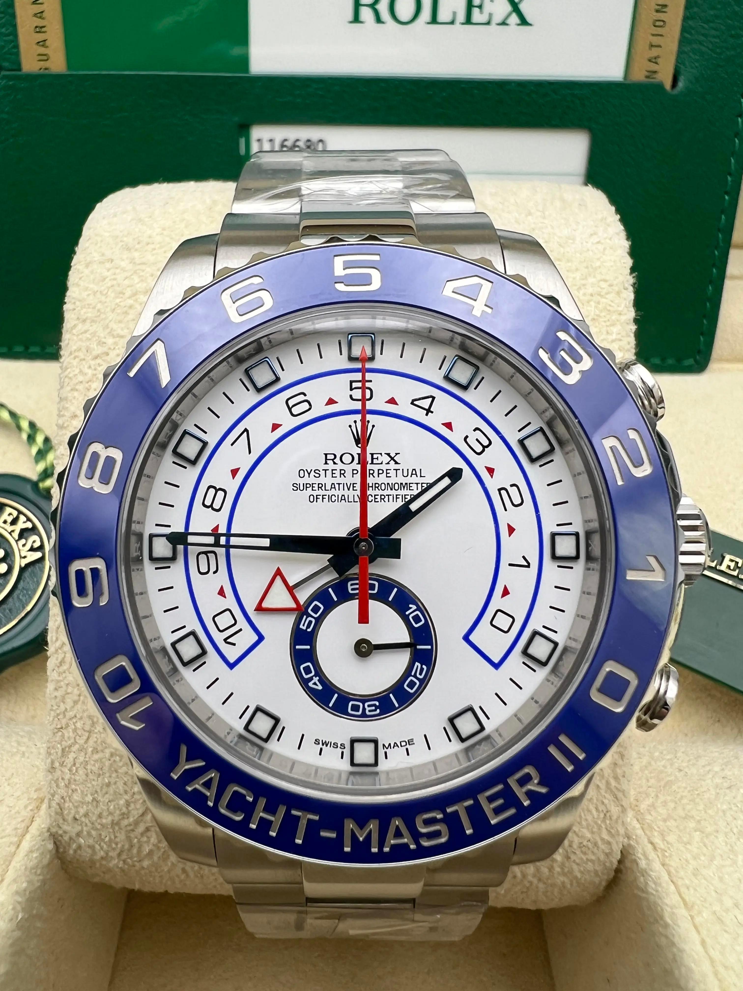 Pristine Rolex Yacht-Master II 44mm 116680 Blue Ceramic Bezel Regatta Box Papers In Excellent Condition For Sale In New York, NY