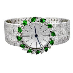 Pristine Vintage Ladies White Gold Piaget Watch Marquise Diamond & Emerald Bezel