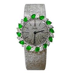 Pristine Vintage Ladies White Gold Piaget Watch Marquise Diamond & Emerald Bezel