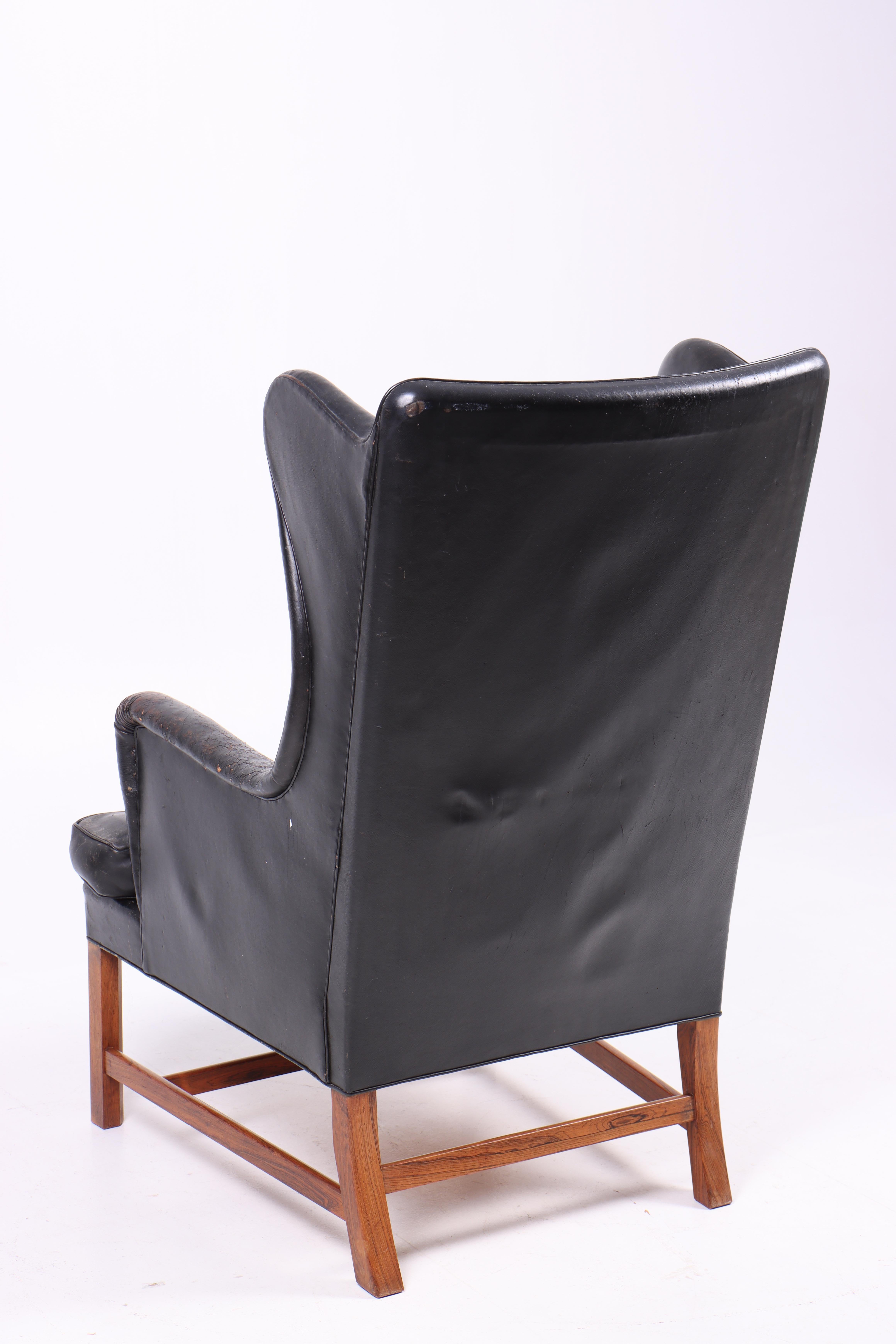 Pristine Wingback Chair in Patinated Leather by Kaare Klint, 1940s For Sale 2