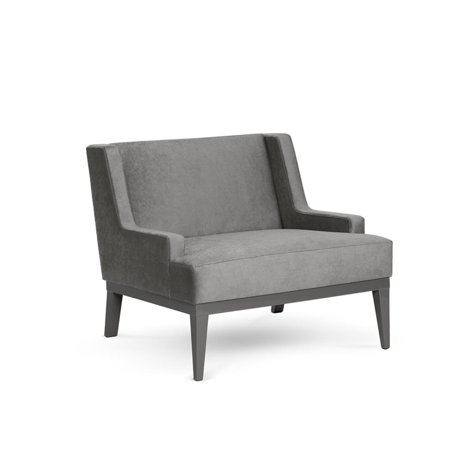 Private Armchair by Munna
Dimensions: D 90 x W 87 x H 77 cm. SH: 42 cm.
Materials: Wood, foam, and upholstery.
Finish: Trevira Velvet, ref. Anthracite, TRV20, and gloss lacquer.

Available in all Munna fabrics except Wild Silk. Available in client’s