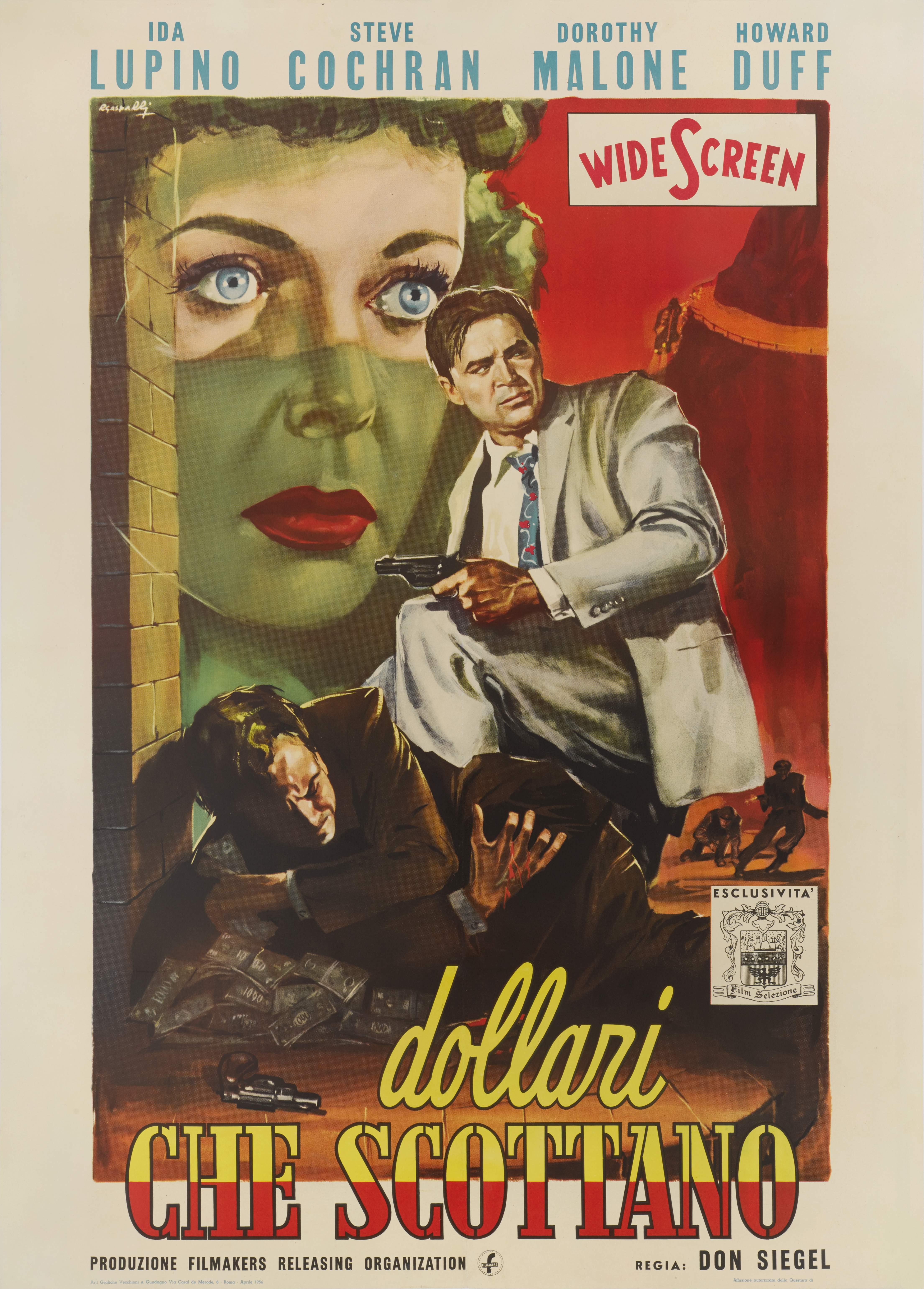 Cartel original italiano de la película de cine negro de 1954 dirigida por Don Siegel y protagonizada por IDA Lupino, Steve Cochran y Howard Duff. La historia sigue a dos detectives que roban miles de dólares a un falsificador muerto. Se les asigna