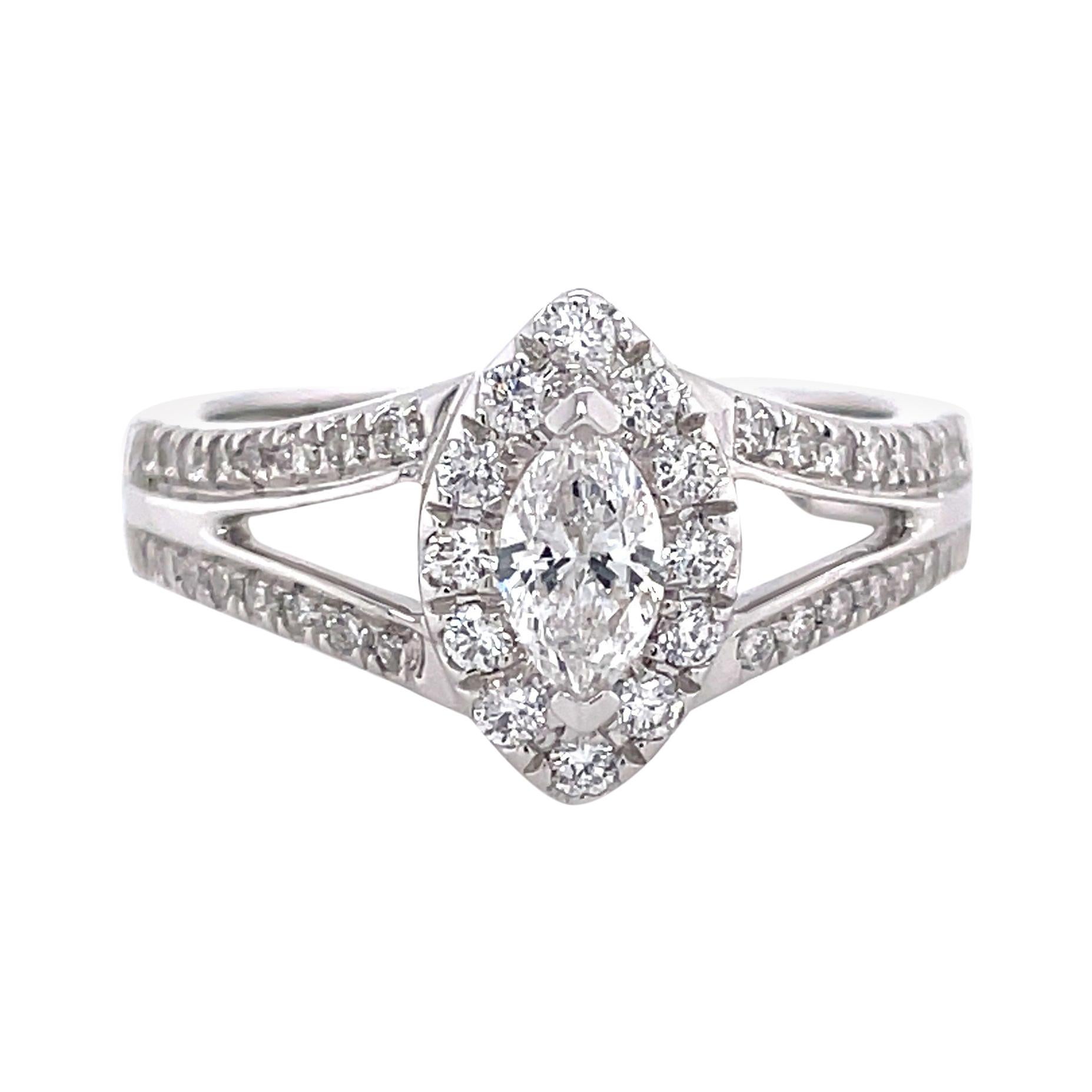 Privosa IGI Certified 14k White Gold Marquise Diamond Ring with Split Shank For Sale