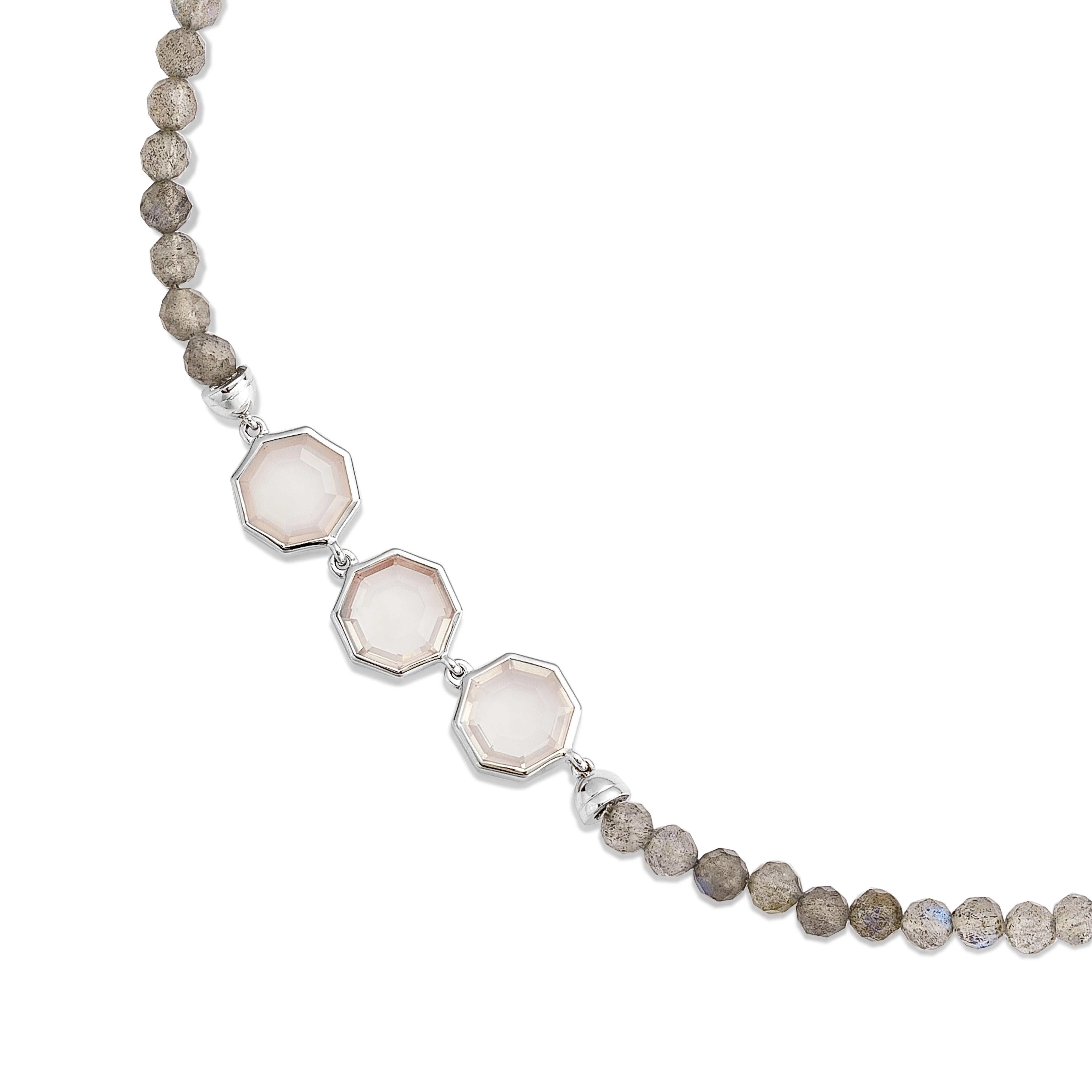 Ottagono Quarzo rosa e labradorite Priyashi Nahata 4,38ct. Collana in 18KWG. in vendita