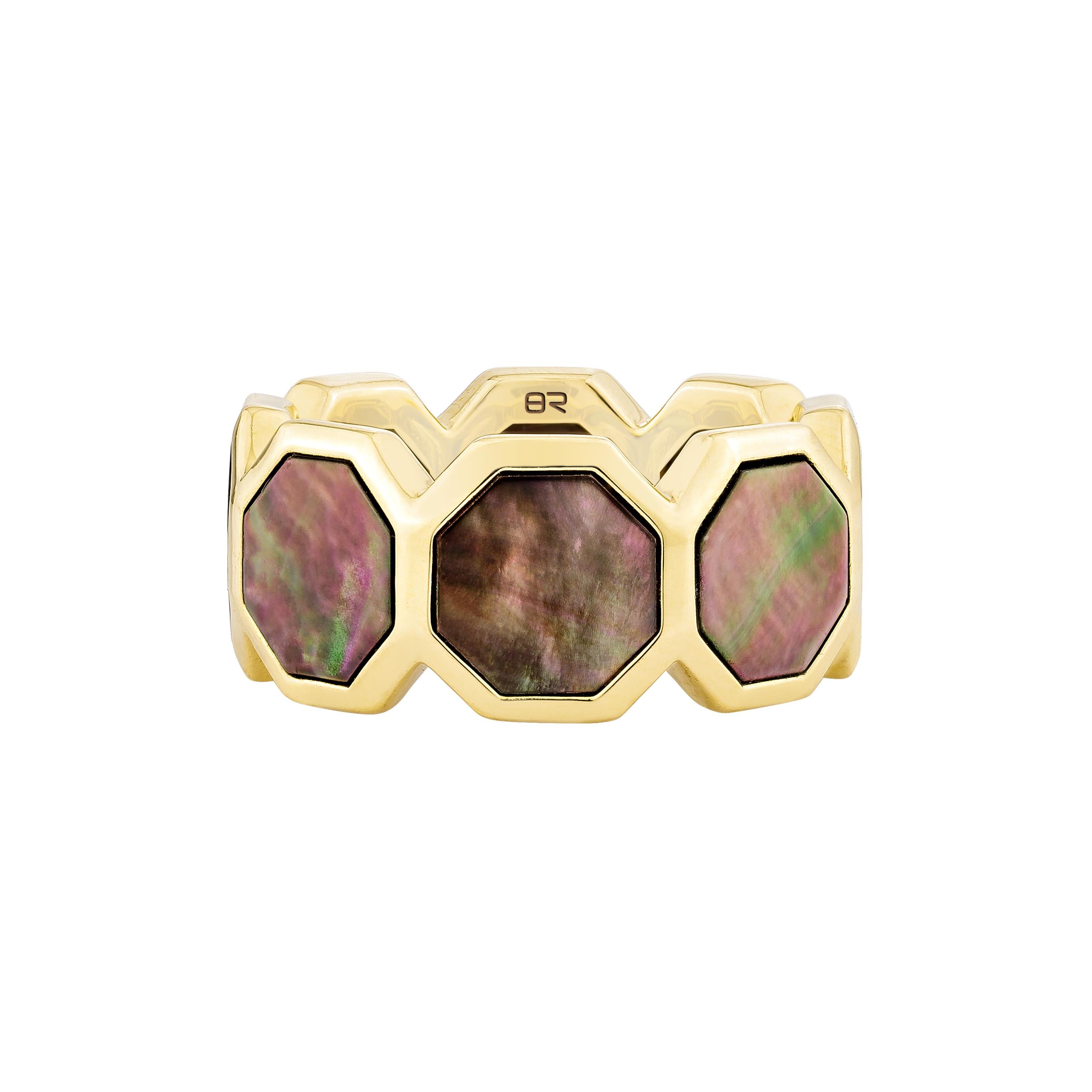 Octagon Cut Priyashi Nahata Black Mother of Pearl 5.41ct. Fancy Ring in 18KYG. For Sale