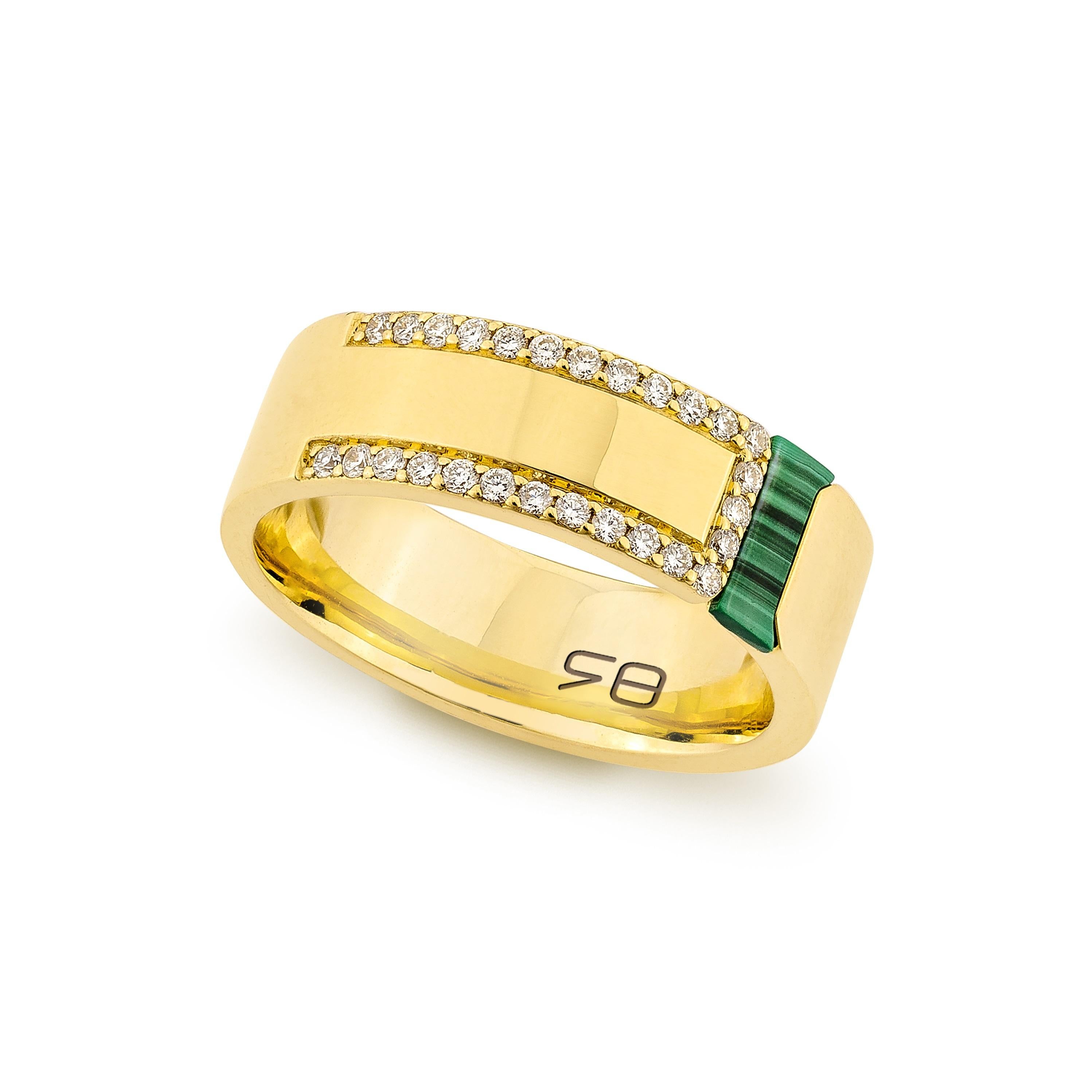 A bold malachite gemstone takes center stage in this elegant 14K yellow gold ring, accented with sparkling diamonds for a touch of timeless luxury. Perfect for refined, statement-making style.

Malachite Ring with Diamond in 14Karat Yellow