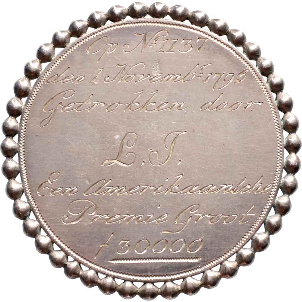 Dritto: MO: NO: ARG: CON - FŒ: BELG: PRO: TRAI., cavaliere corazzato con fascia e spada sollevata a cavallo a destra, che salta sopra lo stemma provinciale coronato
Retro: testo inciso: Op. n. 1137 / den 1 Novembr 1796 / Getrokken door / L.J. / Een