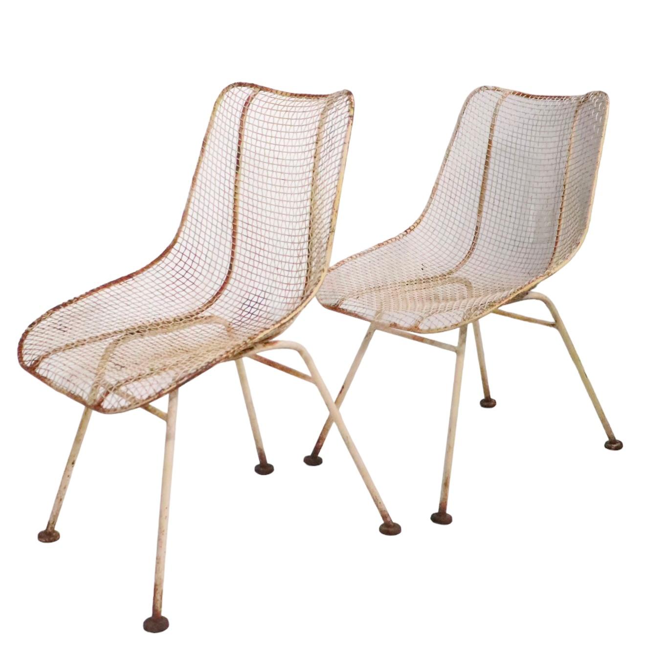 American Pr. Mid Century Wrought Iron  Woodard Sculptura Low Side Dining Chairs c 1950's For Sale