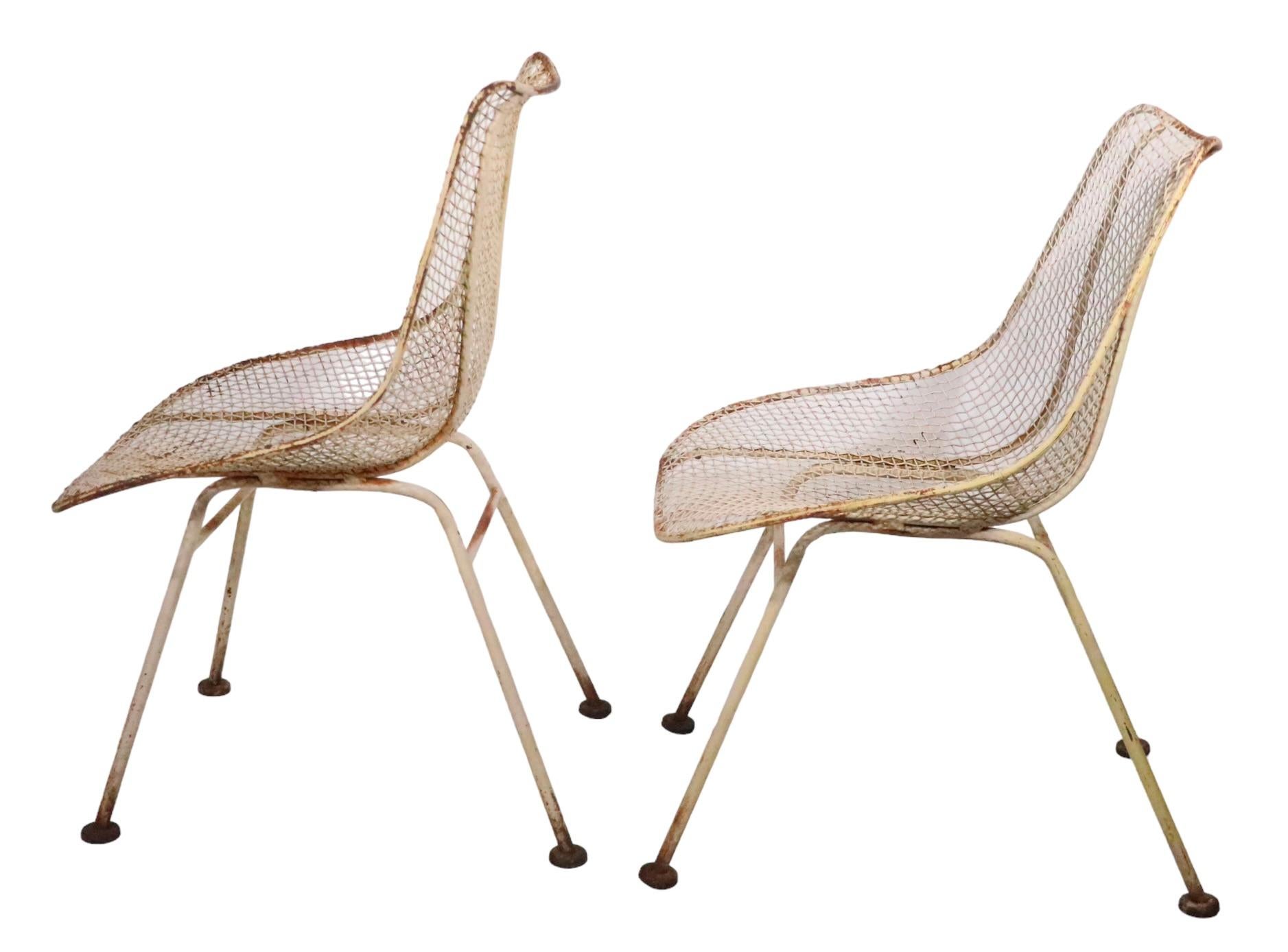 20th Century Pr. Mid Century Wrought Iron  Woodard Sculptura Low Side Dining Chairs c 1950's For Sale