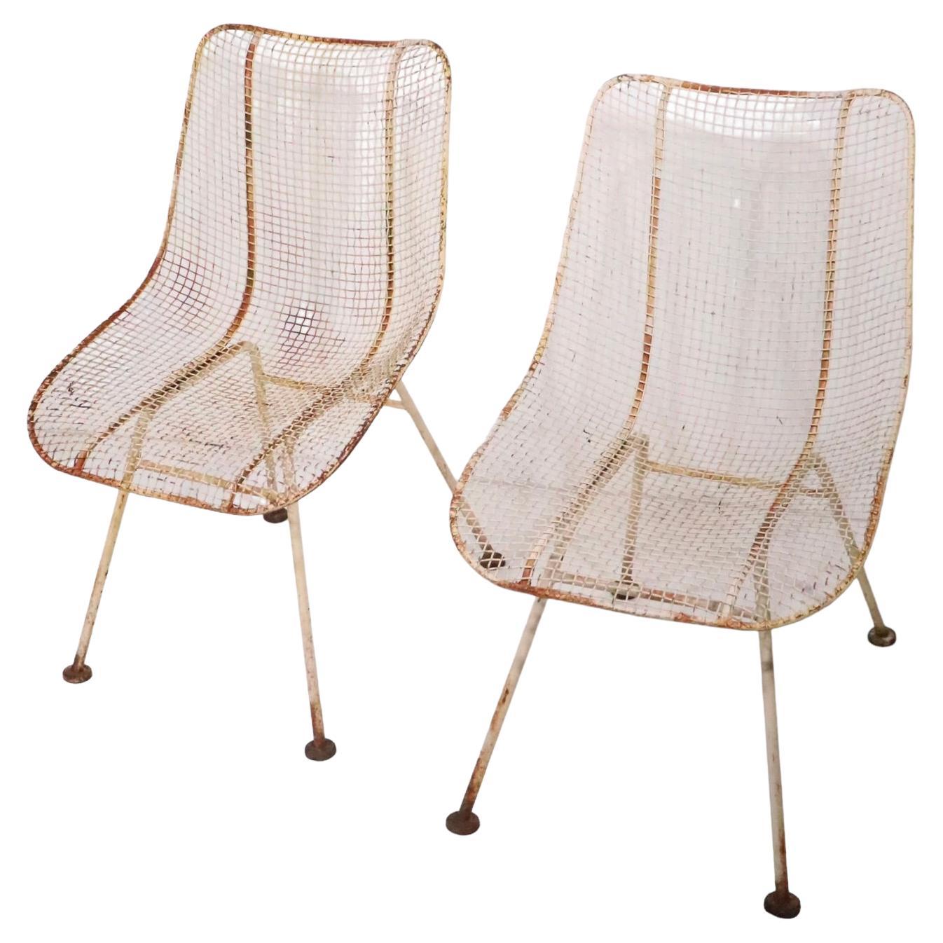 Pr. Mid Century Wrought Iron  Woodard Sculptura Low Side Dining Chairs c 1950's For Sale