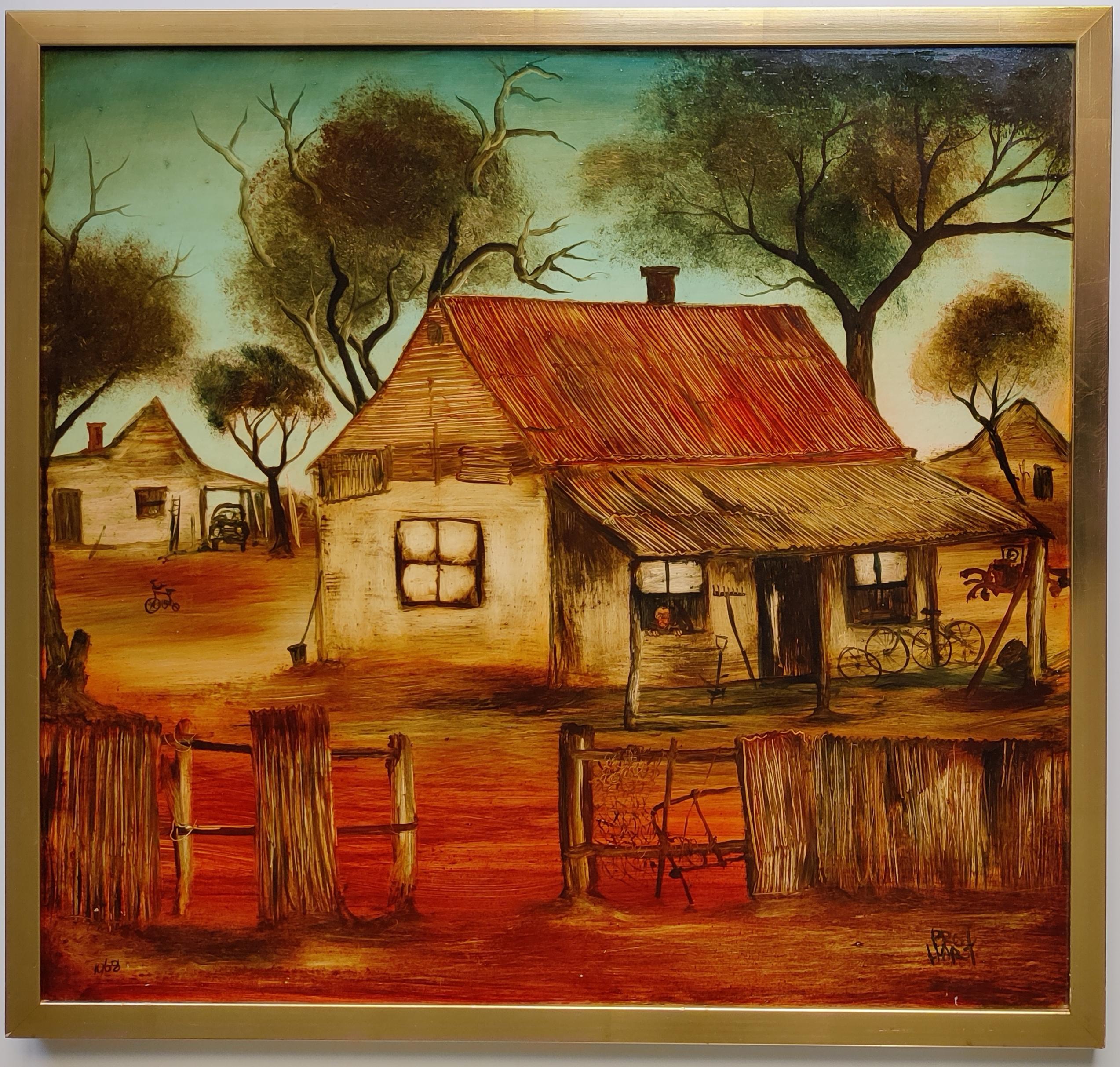 Pro Hart
Villaggio australiano
Olio su tavola, 1968
Firmato a mano in basso a destra, datato in basso a sinistra
Dimensioni del dipinto 66 X 71CM
Dimensioni della cornice: 70,5 X 75 CM