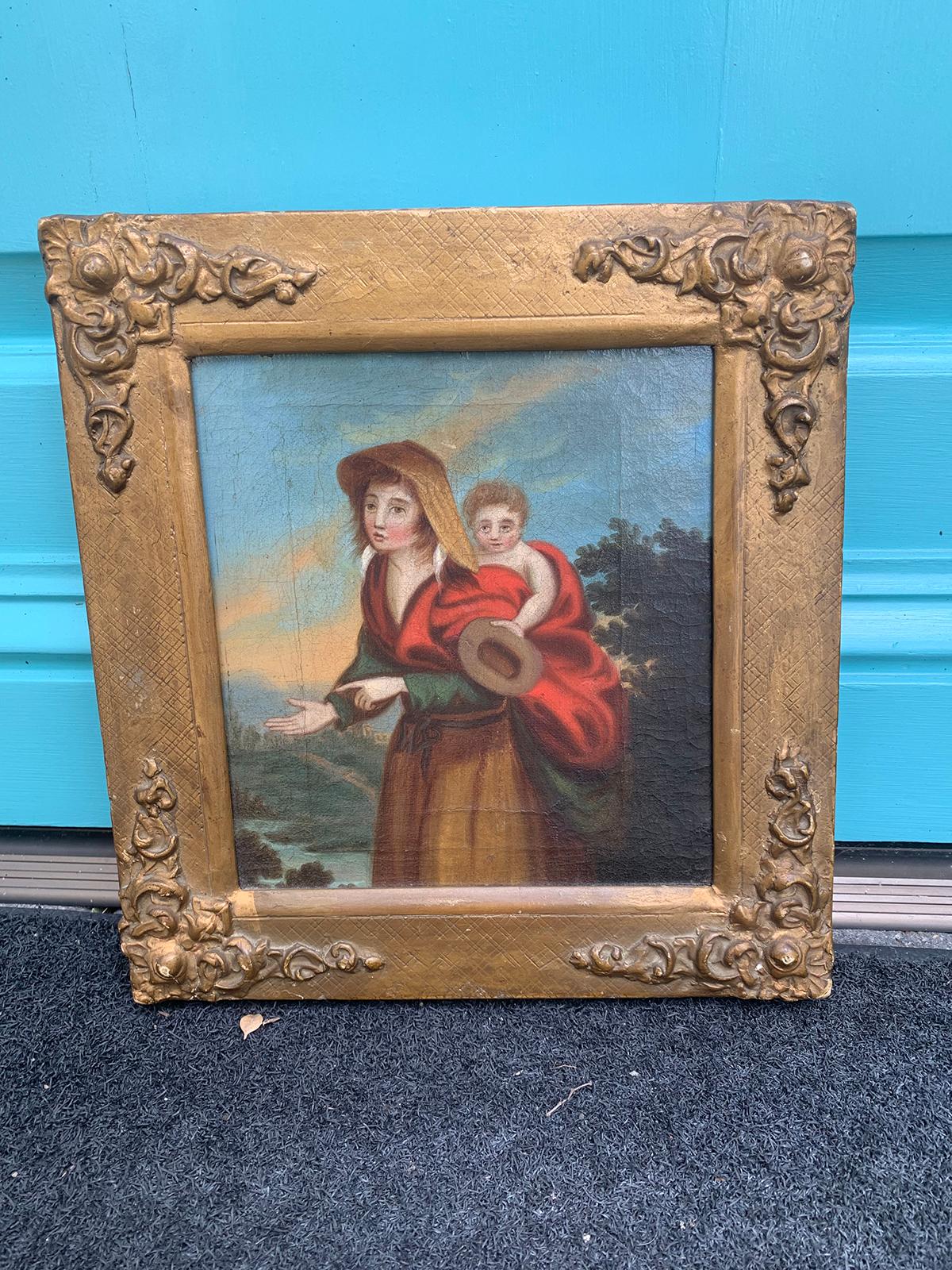 Probably 18th century framed continental painting of mother with child.