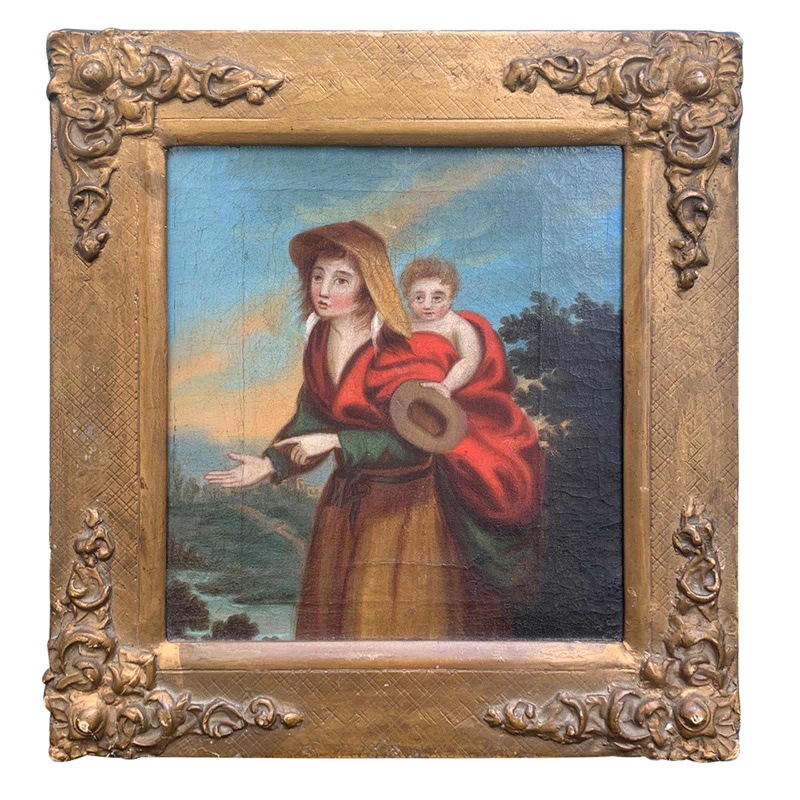 Probably 18th Century Framed Continental Painting of Mother with Child For Sale