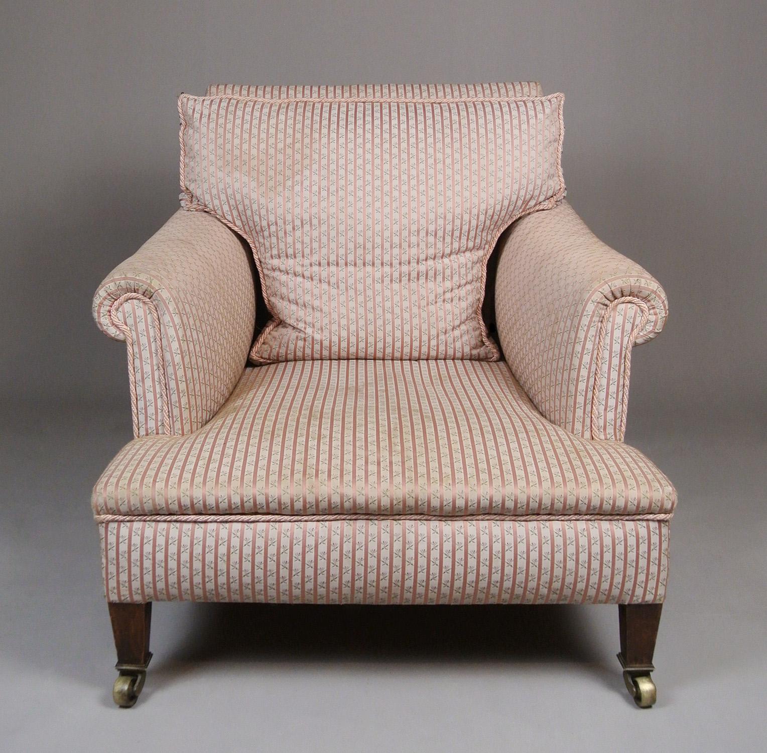 Exceptionally comfortable deep seated armchair - probably by Howard & Sons Limited. Not stamped. The design and construction and proportions match those of a Bridgewater armchair but sold here as a Howard & Sons style chair c. 1930

The frame