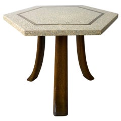 Probber Blue & White Terrazzo, Mahogany Tripod Legs and Brass Hexagon Side Table