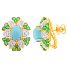 Processed Gemstone Emerald Stud Earrings Diamond Solid 14k Yellow Gold Jewelry