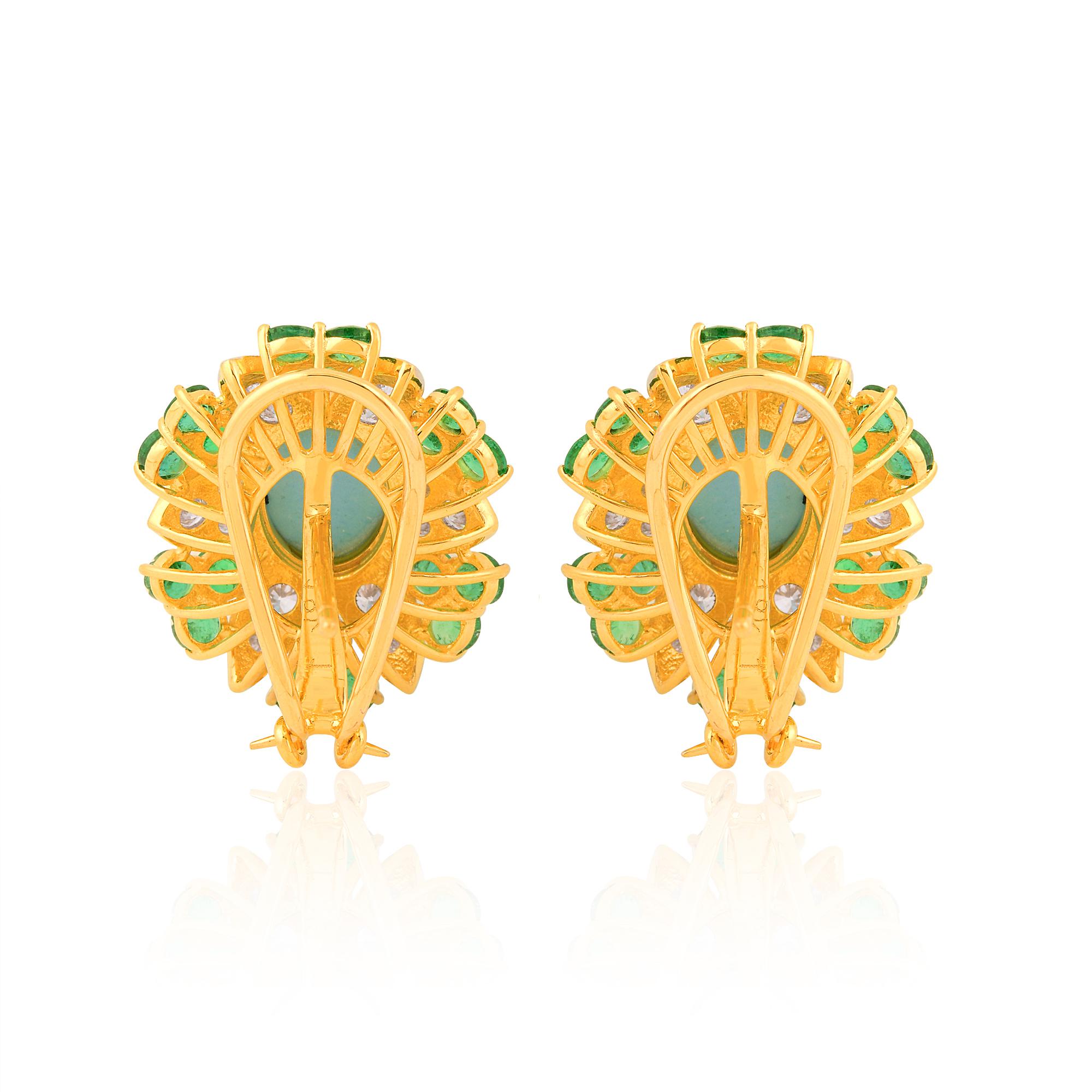 Women's Processed Gemstone Emerald Stud Earrings Diamond Solid 18k Yellow Gold Jewelry For Sale