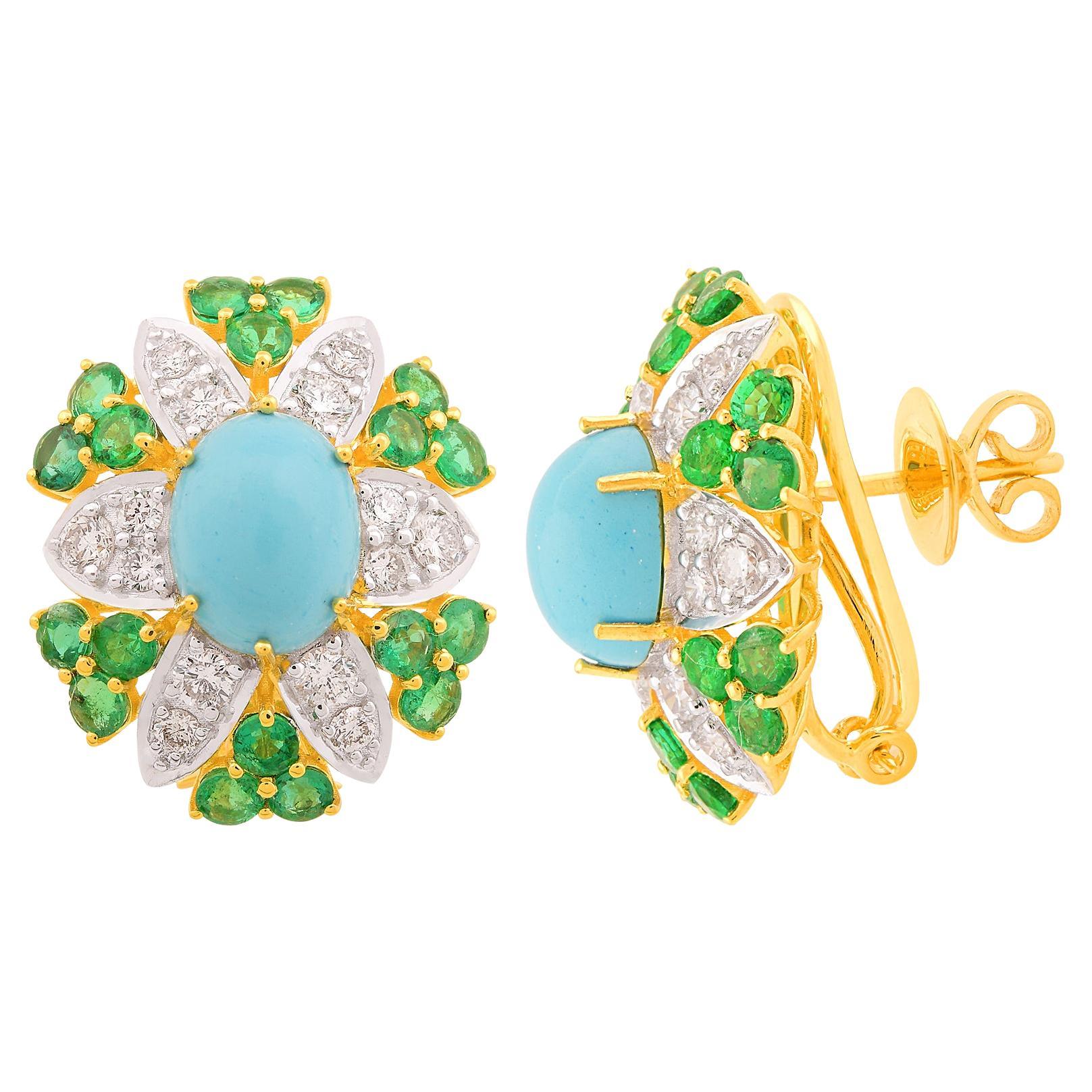 Processed Gemstone Emerald Stud Earrings Diamond Solid 18k Yellow Gold Jewelry For Sale