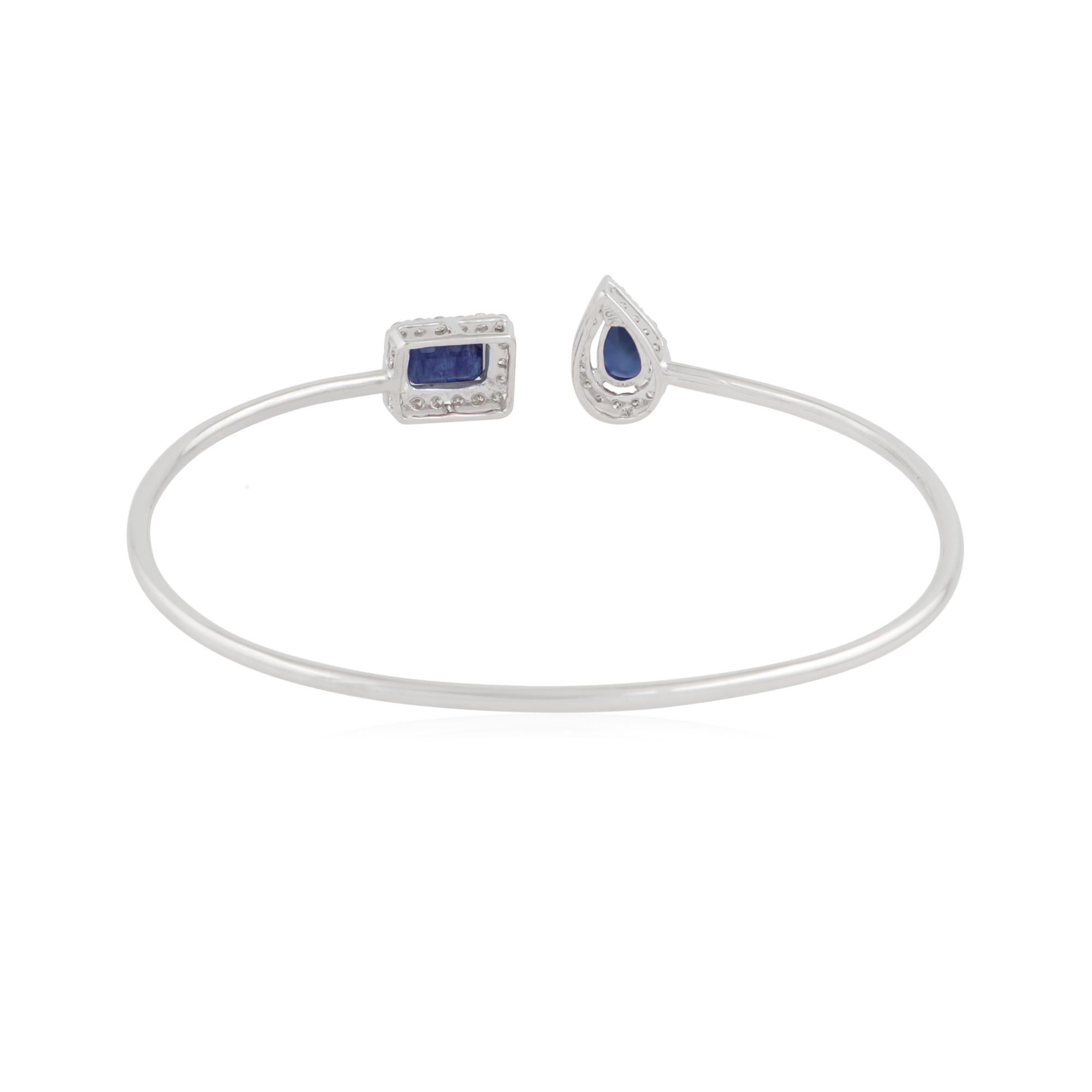 Modern Processed Gemstone Open Cuff Bangle Diamond Pave Bracelet 14 Karat White Gold For Sale
