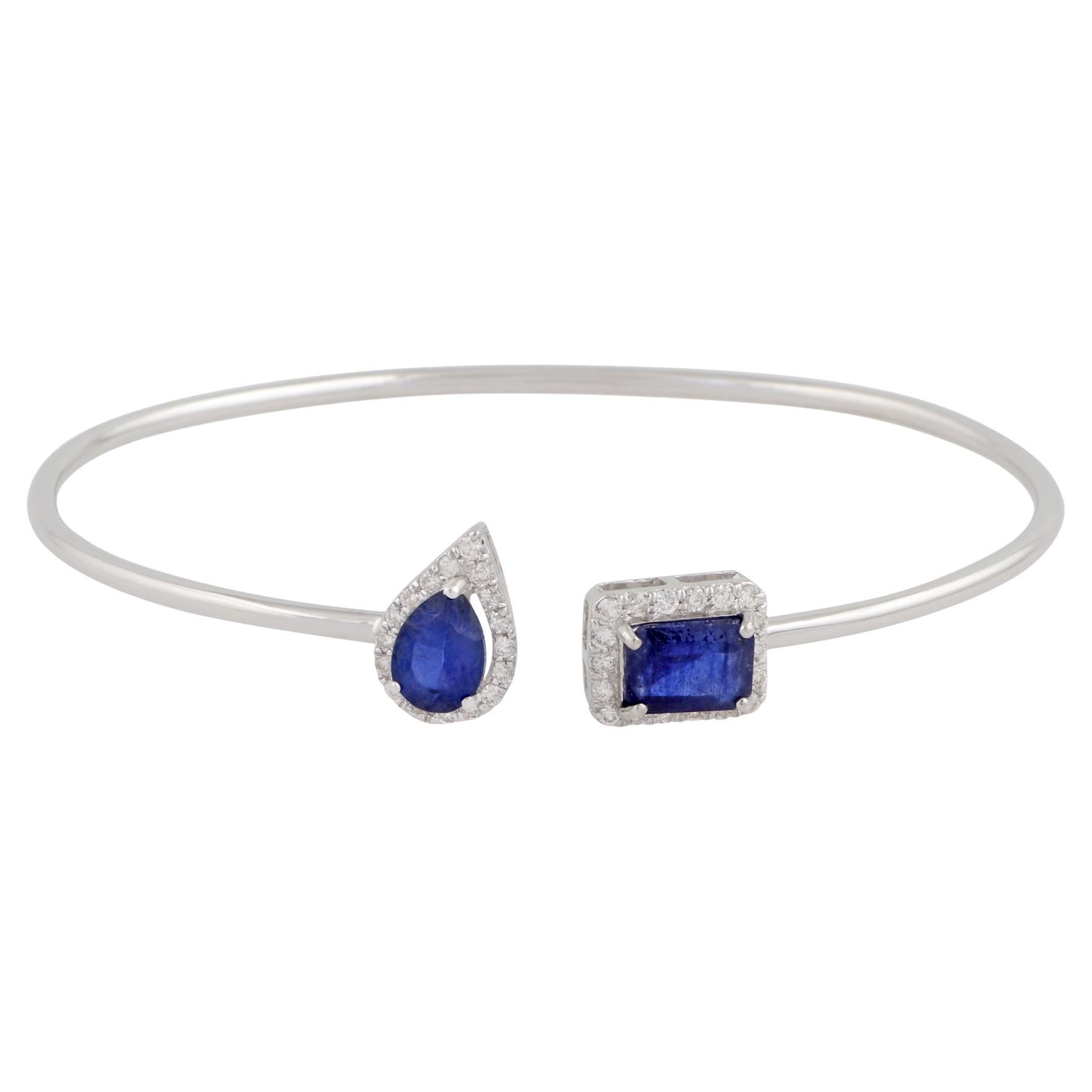 Pulsera de oro blanco de 14 quilates con pavé de diamantes y brazalete con puño abierto de piedras preciosas procesadas