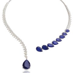 Processed Pear Shaped Blue Gemstone Diamond Collar Cuff Necklace 14K White Gold