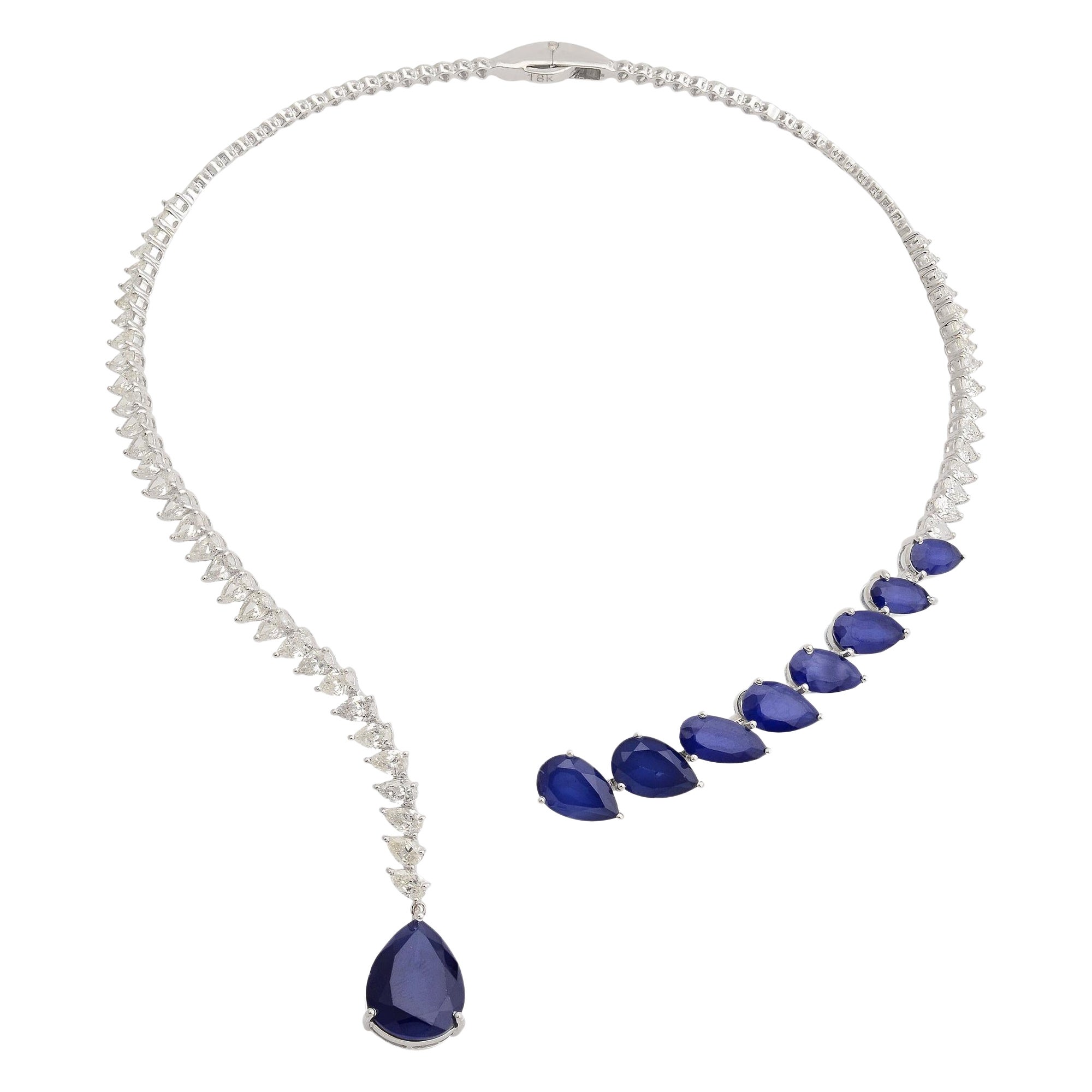 Processed Pear Shaped Blue Gemstone Diamond Collar Cuff Necklace 18K White Gold For Sale